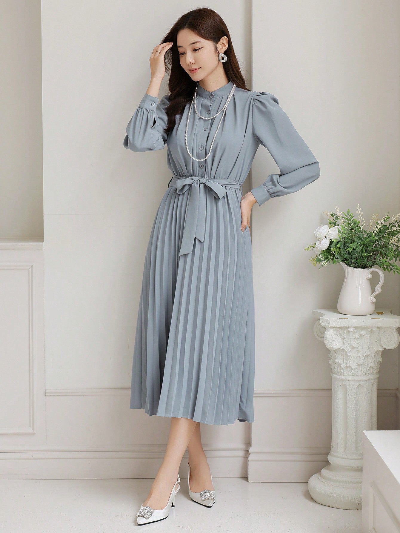CM-DS738813 Women Elegant Seoul Style Solid Color Pleated Waistband Mid-Length Dress - Blue
