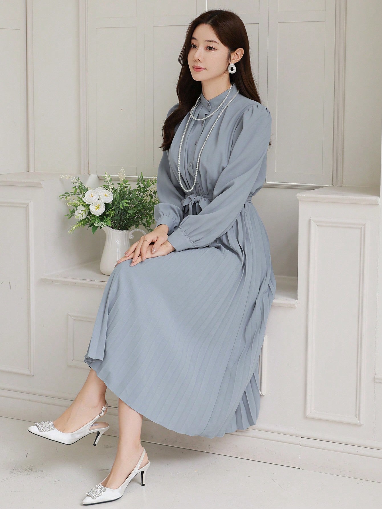 CM-DS738813 Women Elegant Seoul Style Solid Color Pleated Waistband Mid-Length Dress - Blue