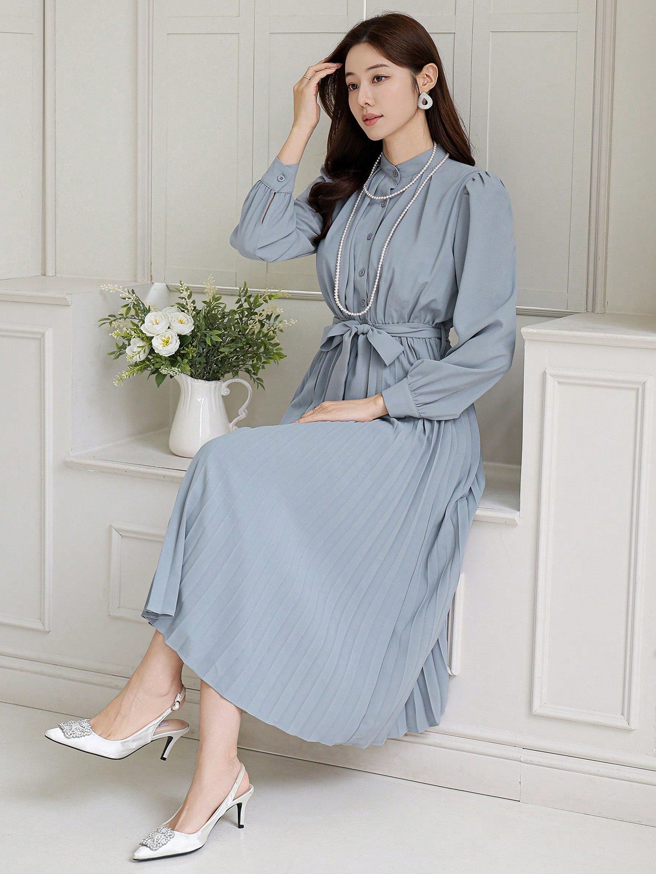 CM-DS738813 Women Elegant Seoul Style Solid Color Pleated Waistband Mid-Length Dress - Blue