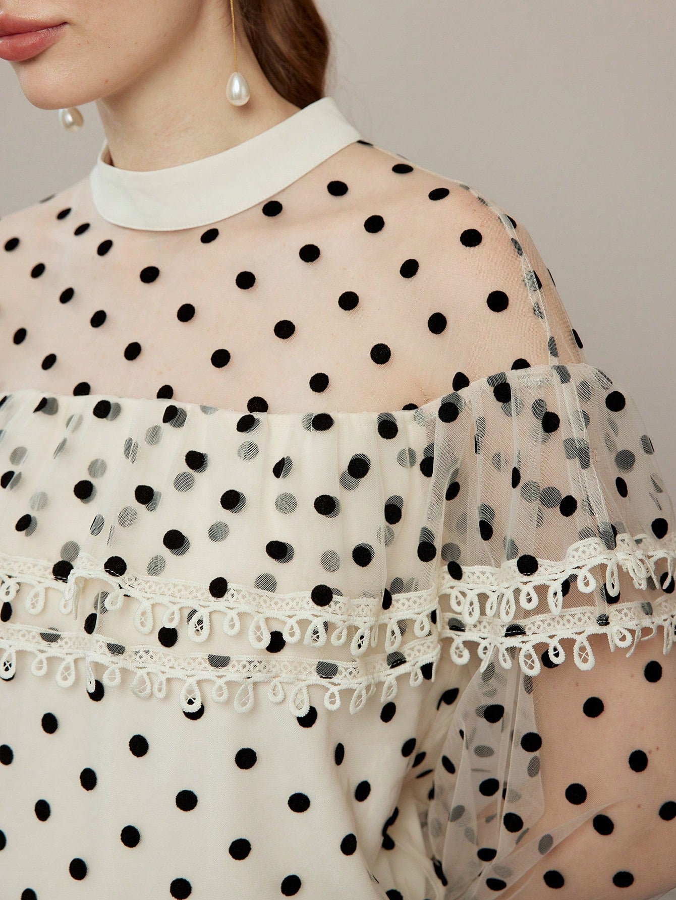 CM-TS916776 Women Elegant Seoul Style Polka Dot Mesh Lace Trim Stand Collar Flare Sleeve Blouse - Apricot
