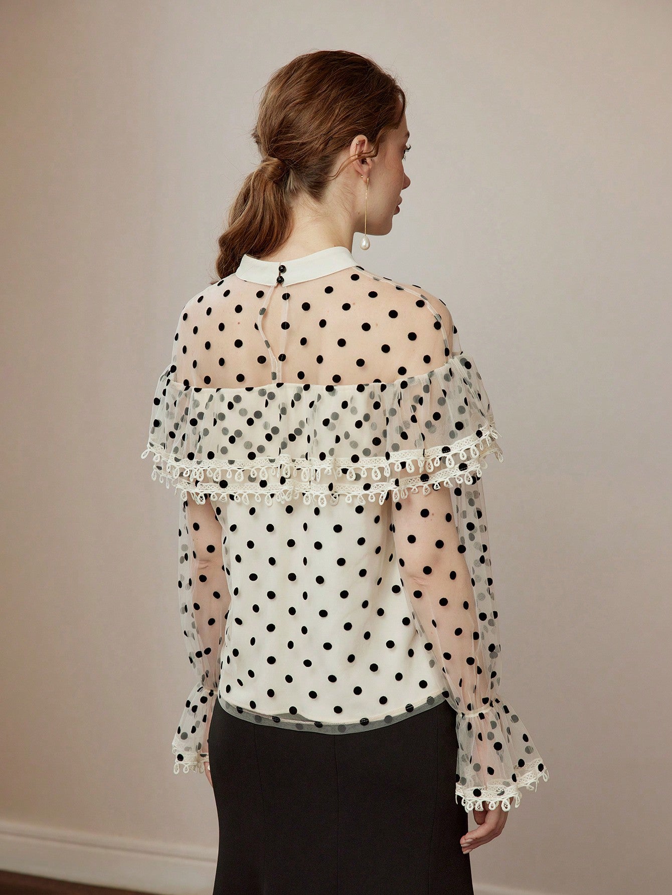 CM-TS916776 Women Elegant Seoul Style Polka Dot Mesh Lace Trim Stand Collar Flare Sleeve Blouse - Apricot