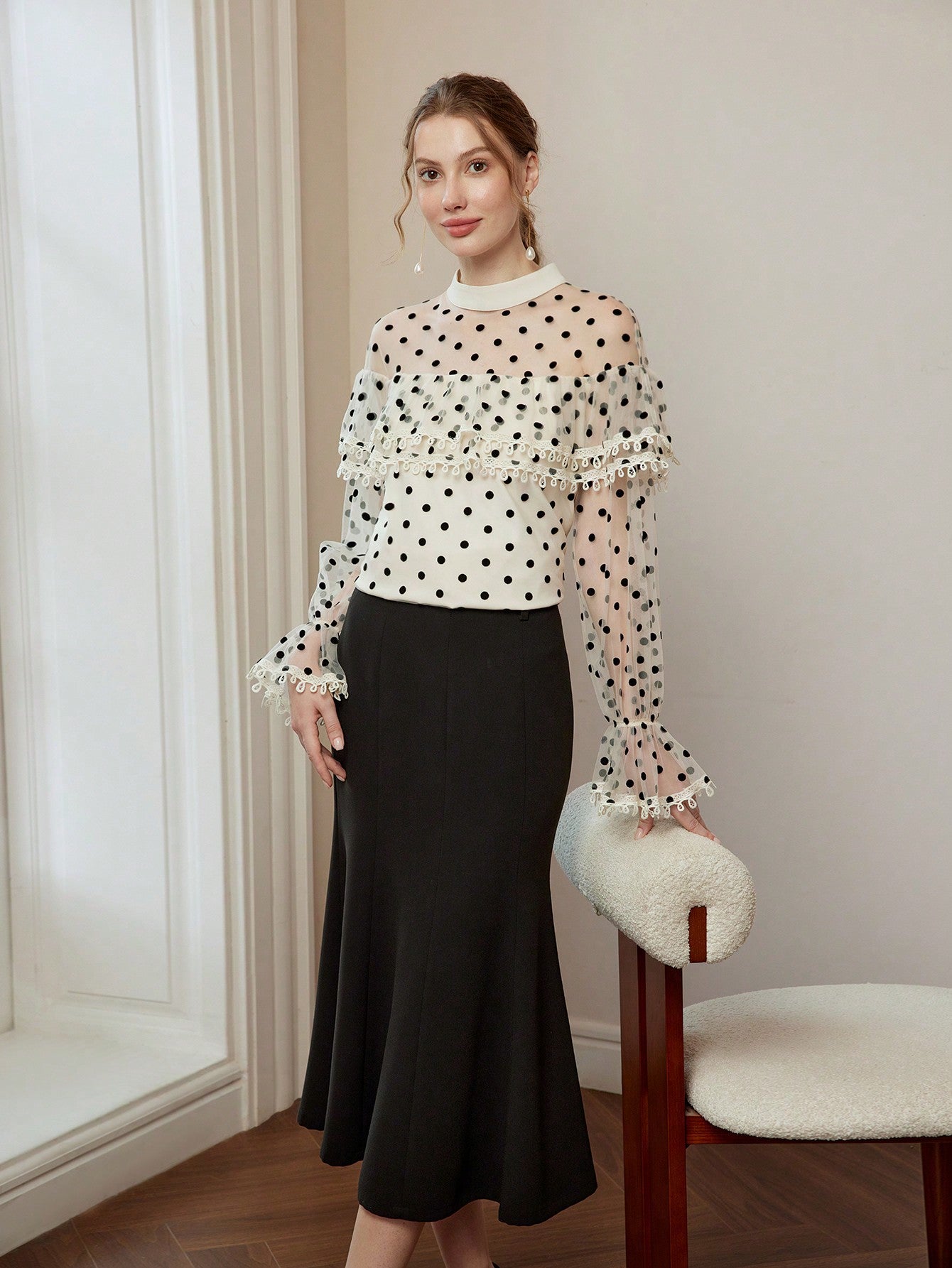 CM-TS916776 Women Elegant Seoul Style Polka Dot Mesh Lace Trim Stand Collar Flare Sleeve Blouse - Apricot