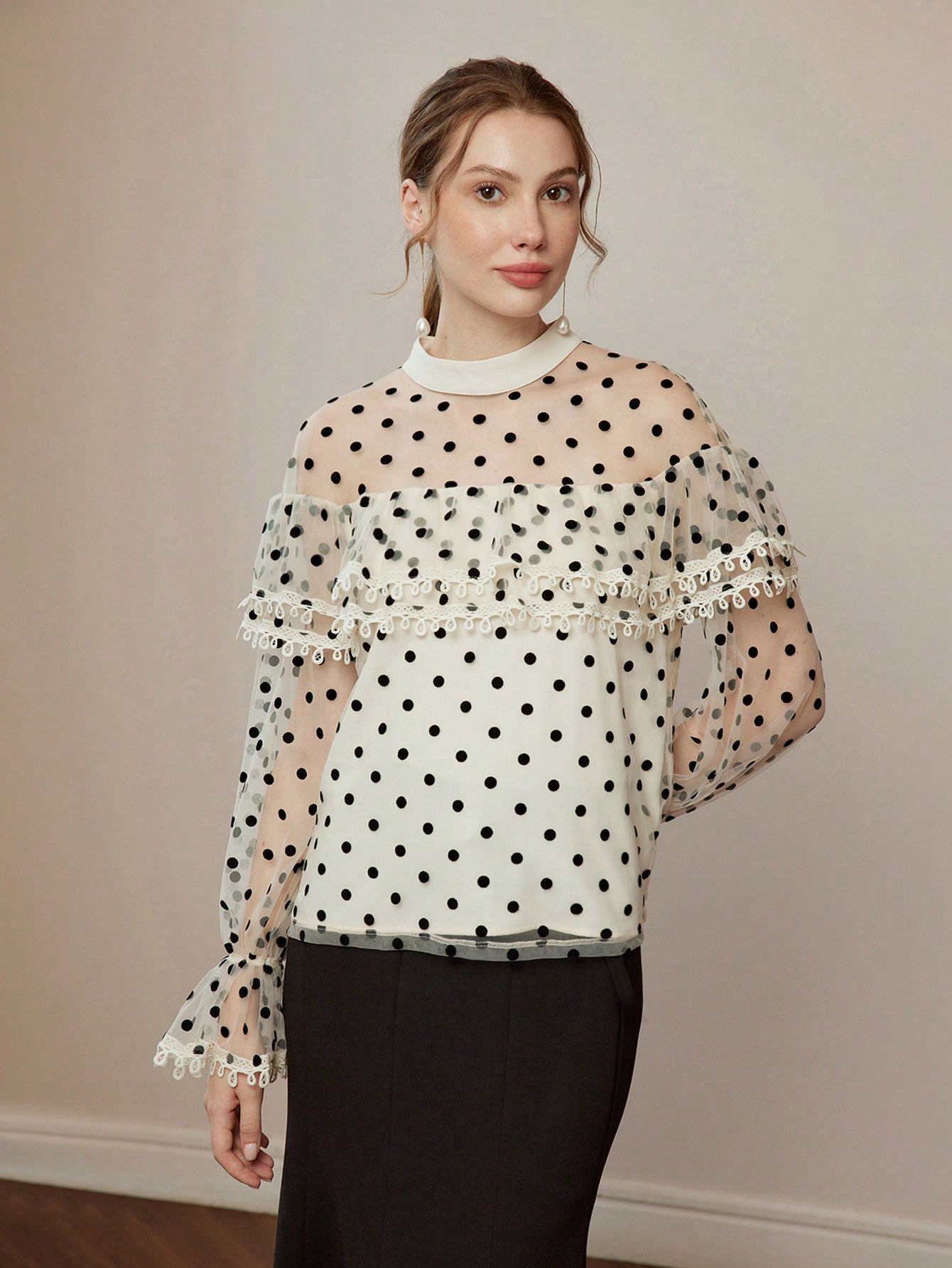 CM-TS916776 Women Elegant Seoul Style Polka Dot Mesh Lace Trim Stand Collar Flare Sleeve Blouse - Apricot
