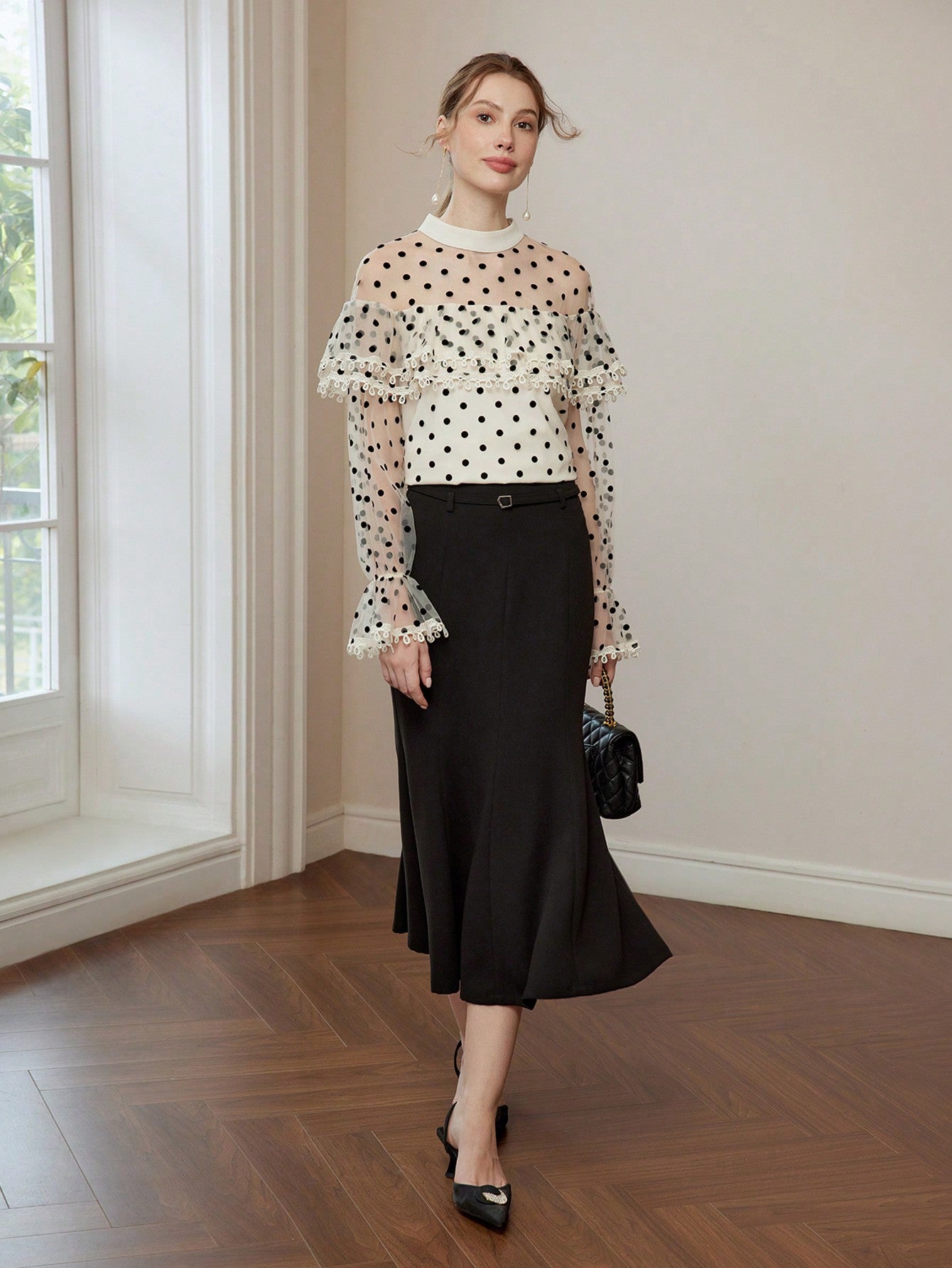 CM-TS916776 Women Elegant Seoul Style Polka Dot Mesh Lace Trim Stand Collar Flare Sleeve Blouse - Apricot