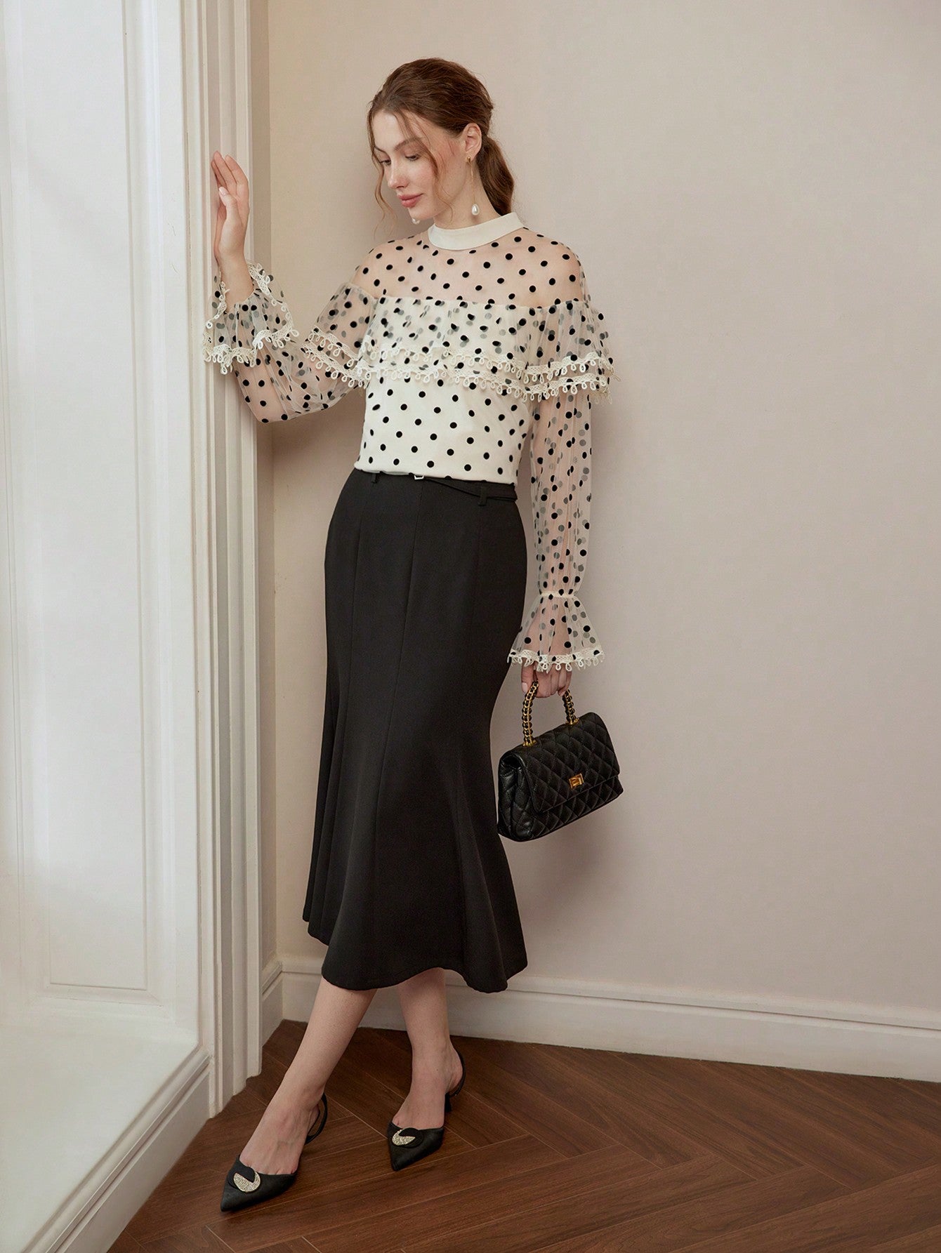 CM-TS916776 Women Elegant Seoul Style Polka Dot Mesh Lace Trim Stand Collar Flare Sleeve Blouse - Apricot