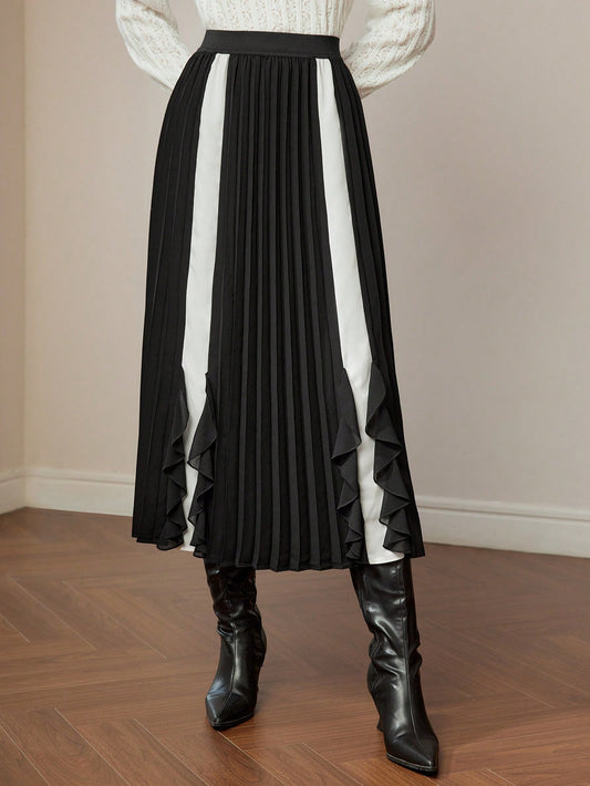CM-BS084495 Women Elegant Seoul Style Two Tone Ruffle Trim Pleated Panel Skirt