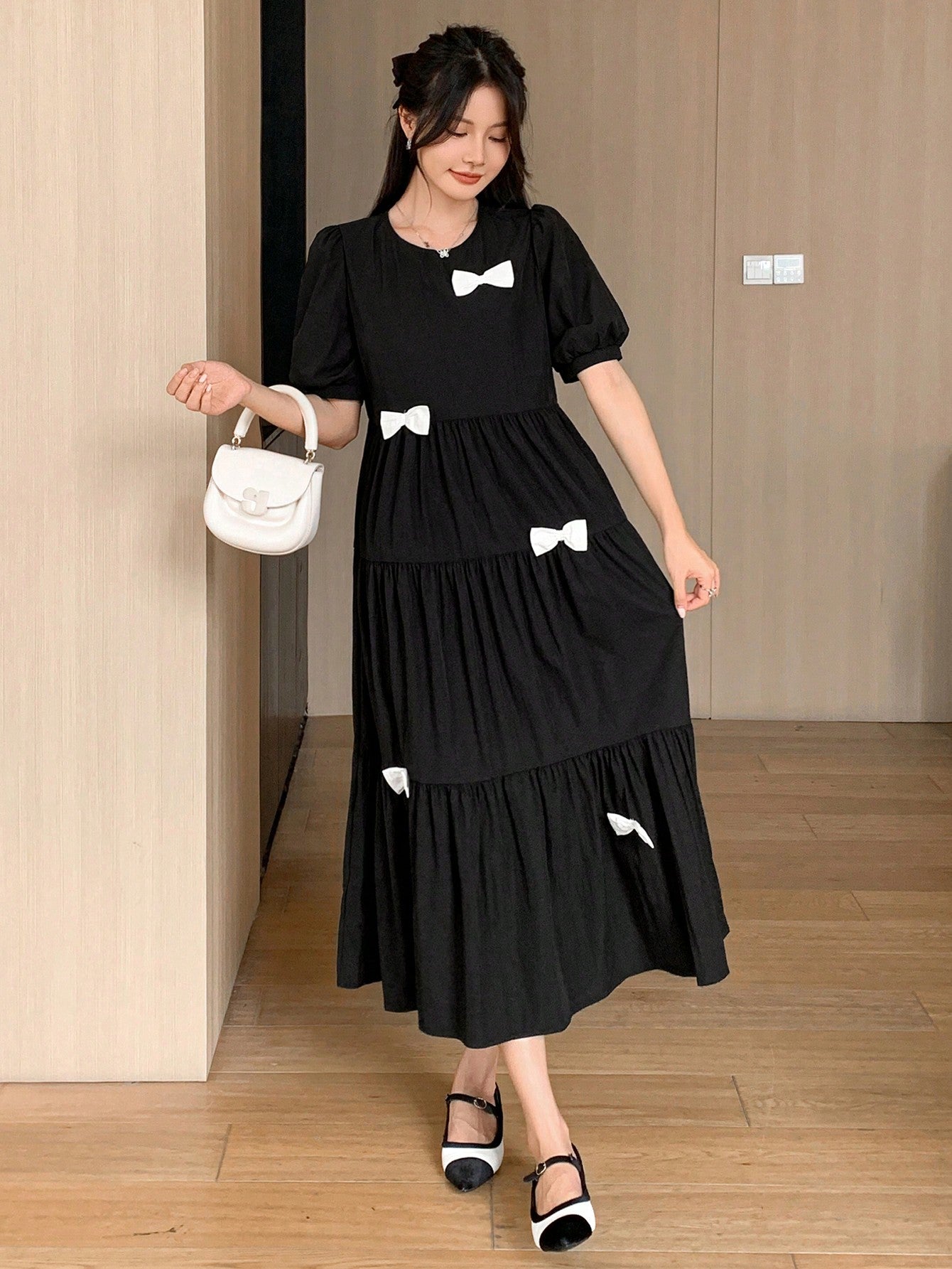 CM-DS938127 Women Casual Seoul Style Round Neck Short Sleeve Pleated Bowknot Decor Dress