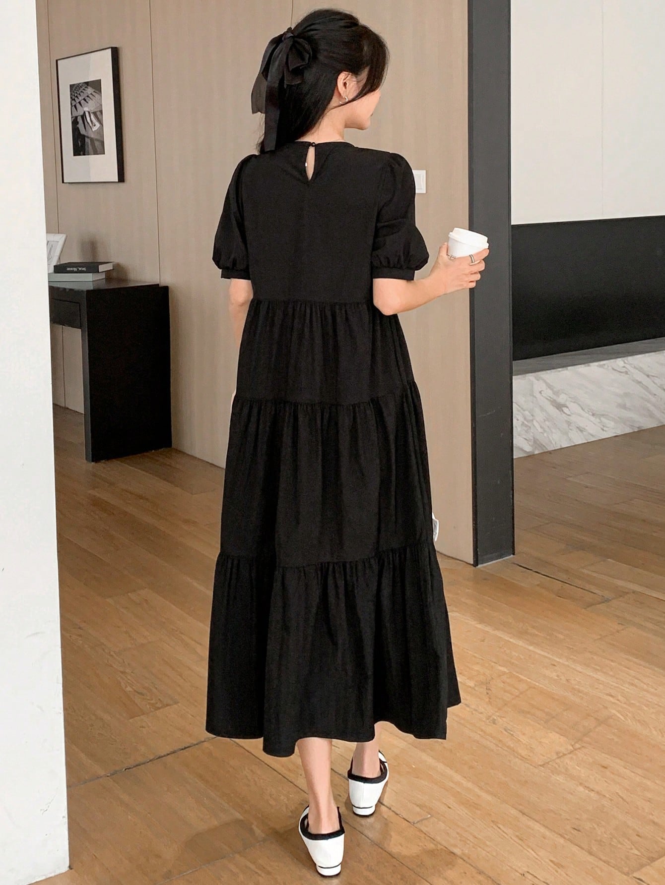 CM-DS938127 Women Casual Seoul Style Round Neck Short Sleeve Pleated Bowknot Decor Dress