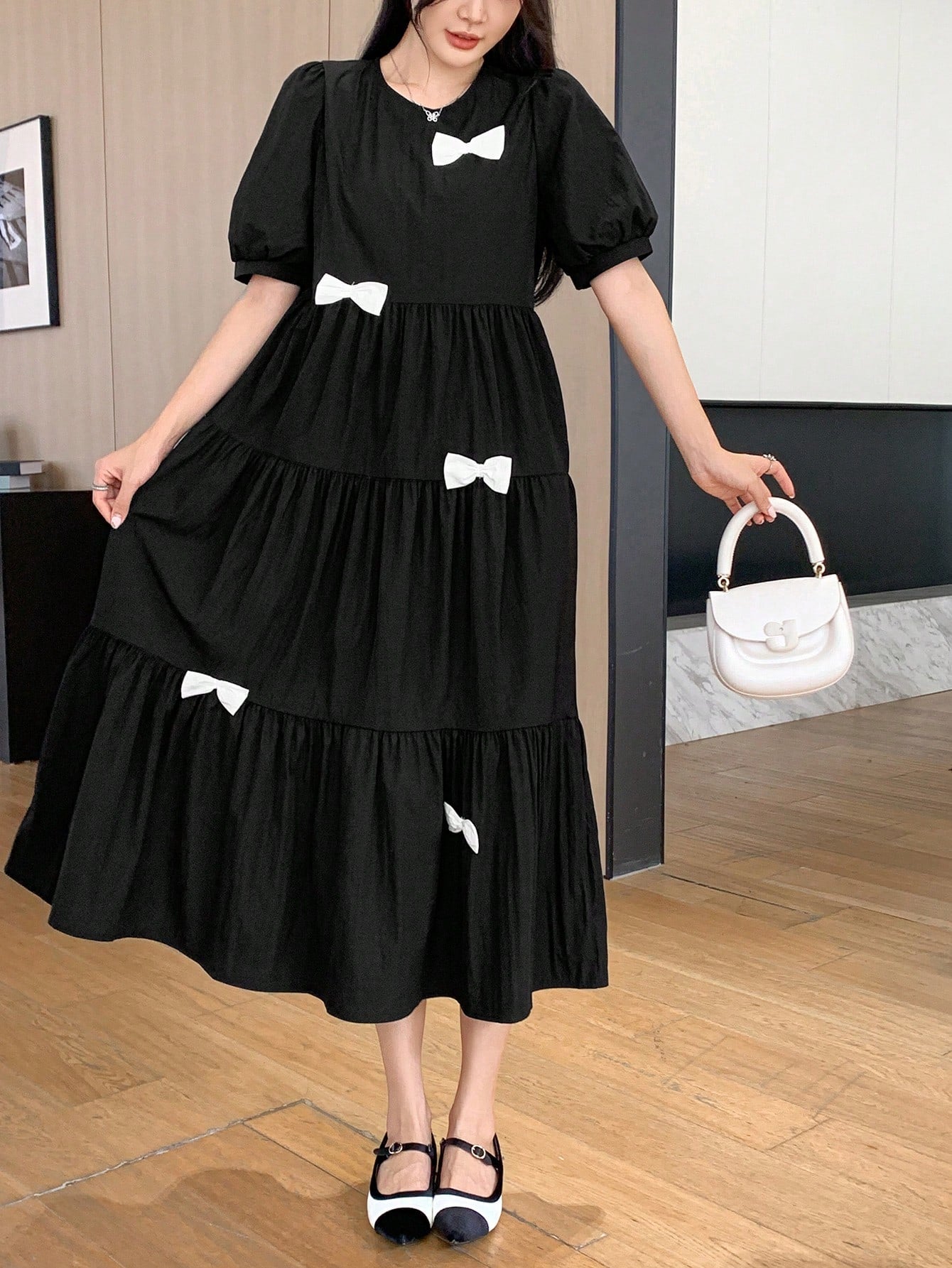 CM-DS938127 Women Casual Seoul Style Round Neck Short Sleeve Pleated Bowknot Decor Dress