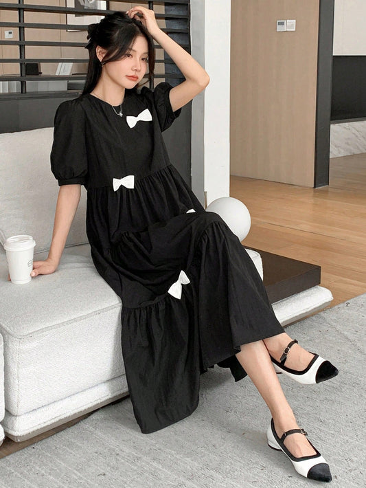 CM-DS938127 Women Casual Seoul Style Round Neck Short Sleeve Pleated Bowknot Decor Dress