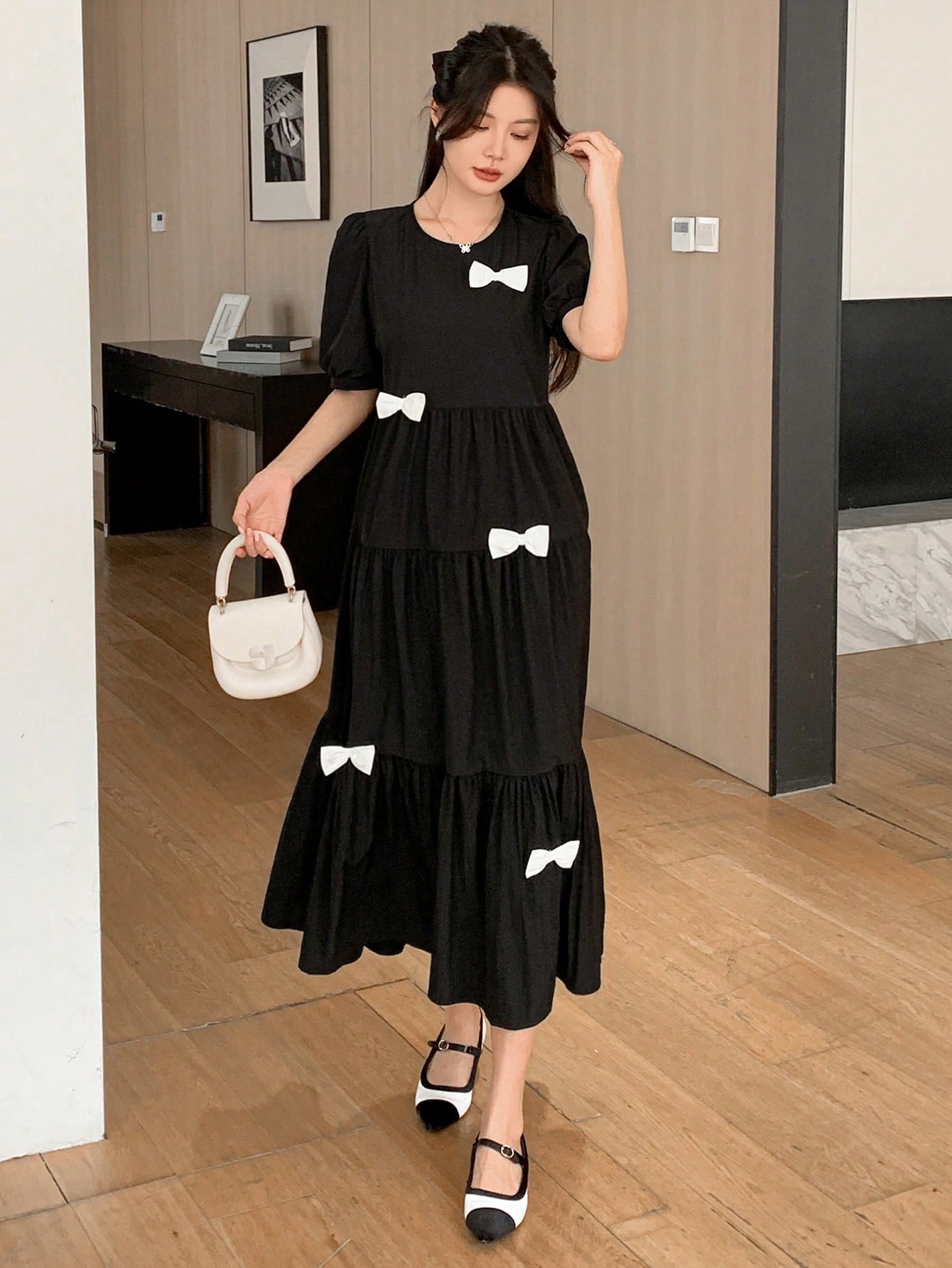 CM-DS938127 Women Casual Seoul Style Round Neck Short Sleeve Pleated Bowknot Decor Dress