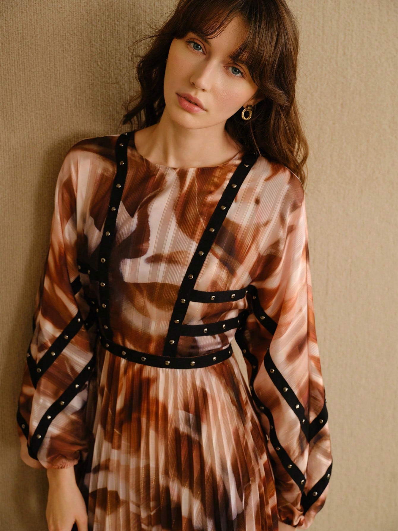CM-DS138341 Women Elegant Seoul Style Studded Patchwork Bishop Sleeve High Waist Pleated Dress
