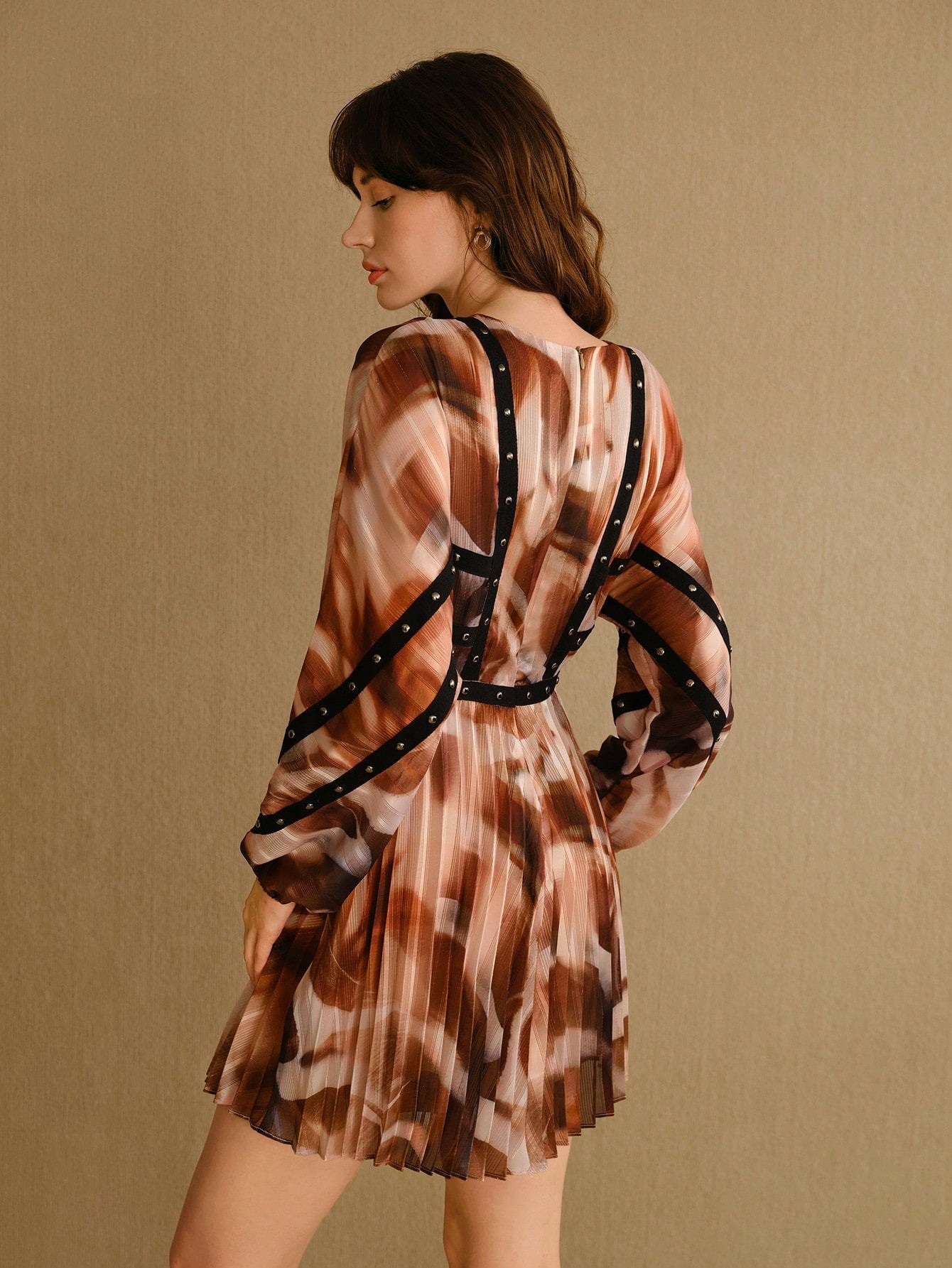 CM-DS138341 Women Elegant Seoul Style Studded Patchwork Bishop Sleeve High Waist Pleated Dress