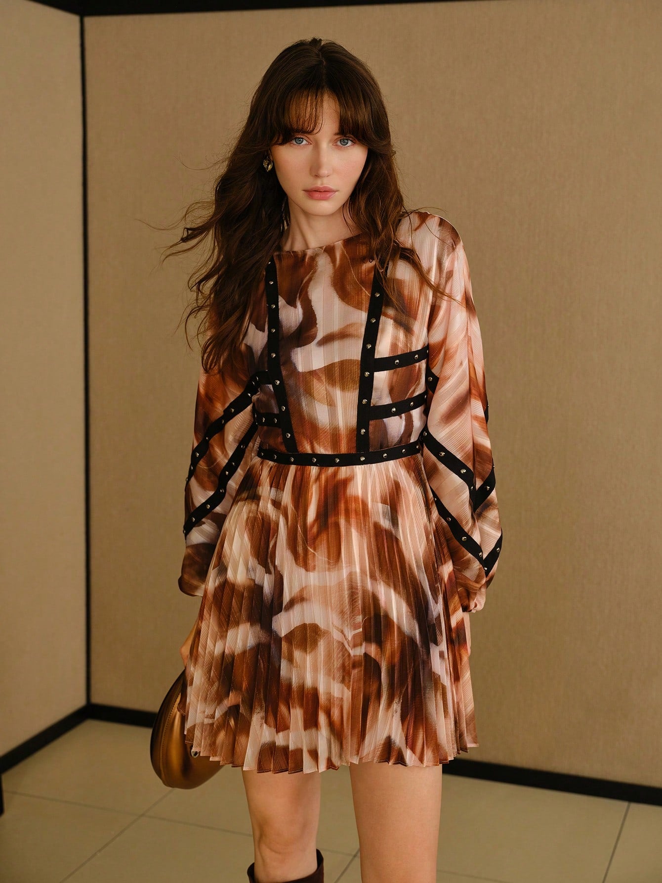 CM-DS138341 Women Elegant Seoul Style Studded Patchwork Bishop Sleeve High Waist Pleated Dress