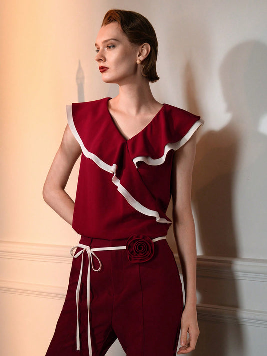 CM-TS679943 Women Elegant Seoul Style V-Neck Flounce Sleeve Contrast Trim Ruffle Blouse - Red