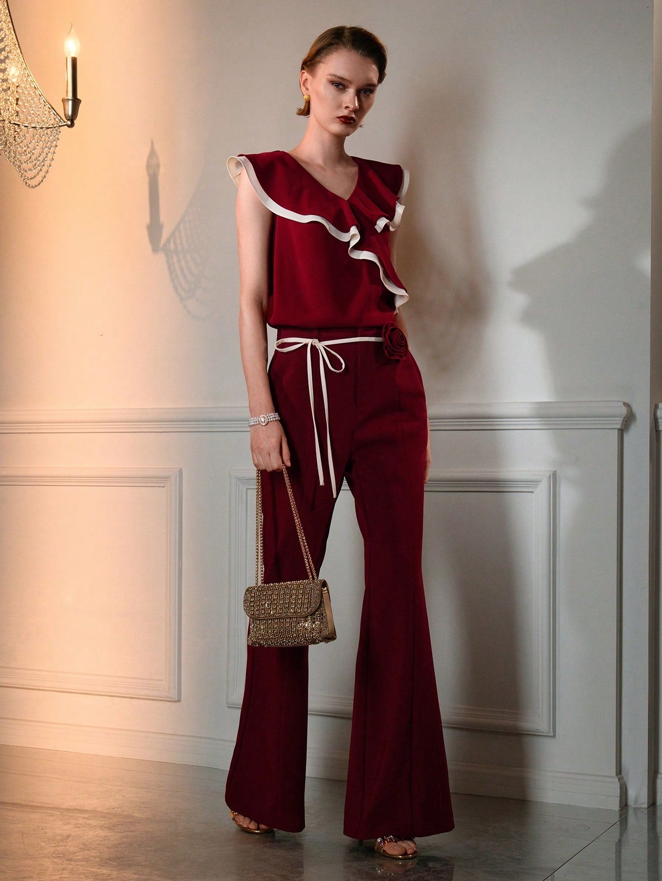 CM-TS679943 Women Elegant Seoul Style V-Neck Flounce Sleeve Contrast Trim Ruffle Blouse - Red