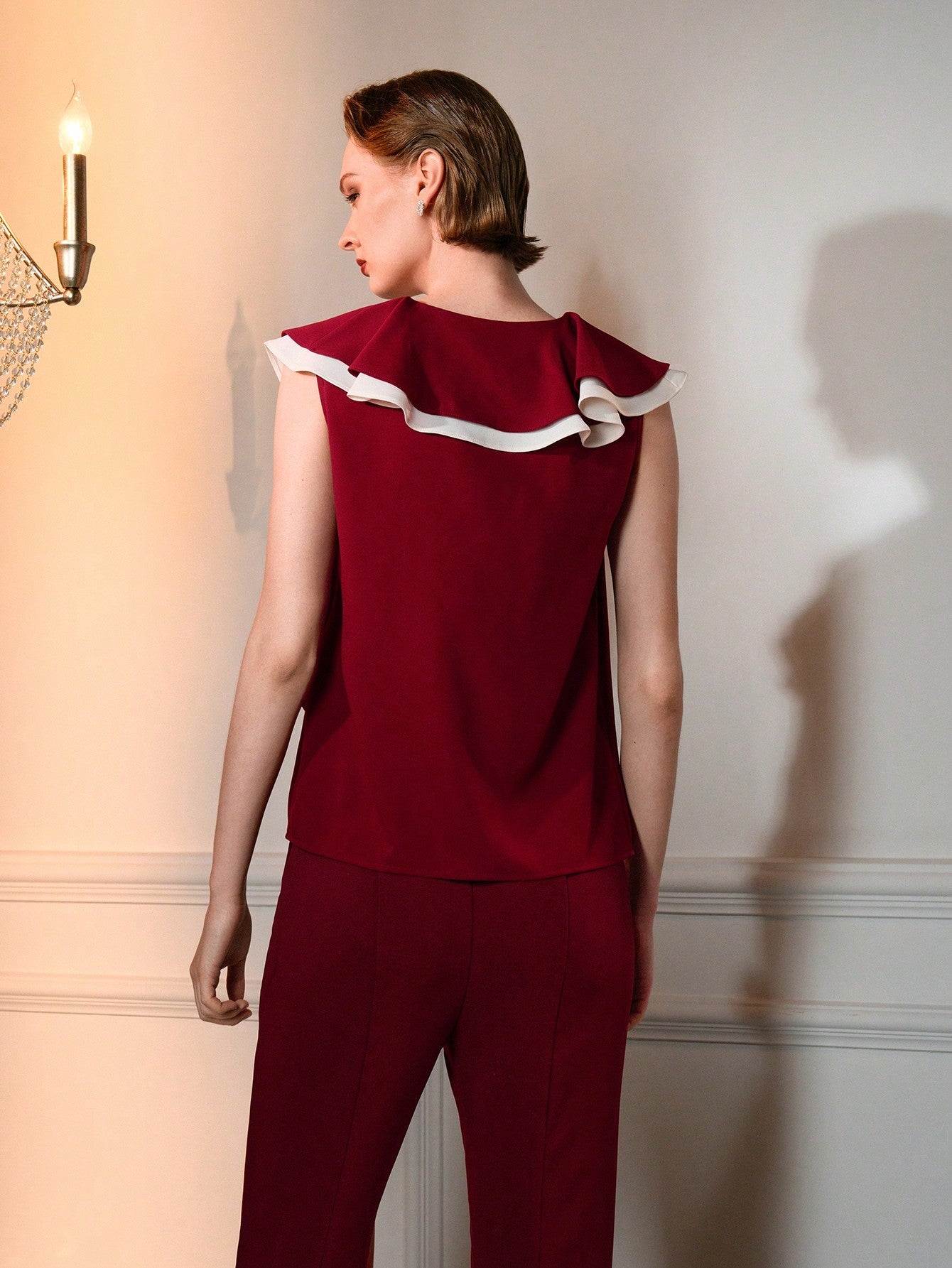 CM-TS679943 Women Elegant Seoul Style V-Neck Flounce Sleeve Contrast Trim Ruffle Blouse - Red