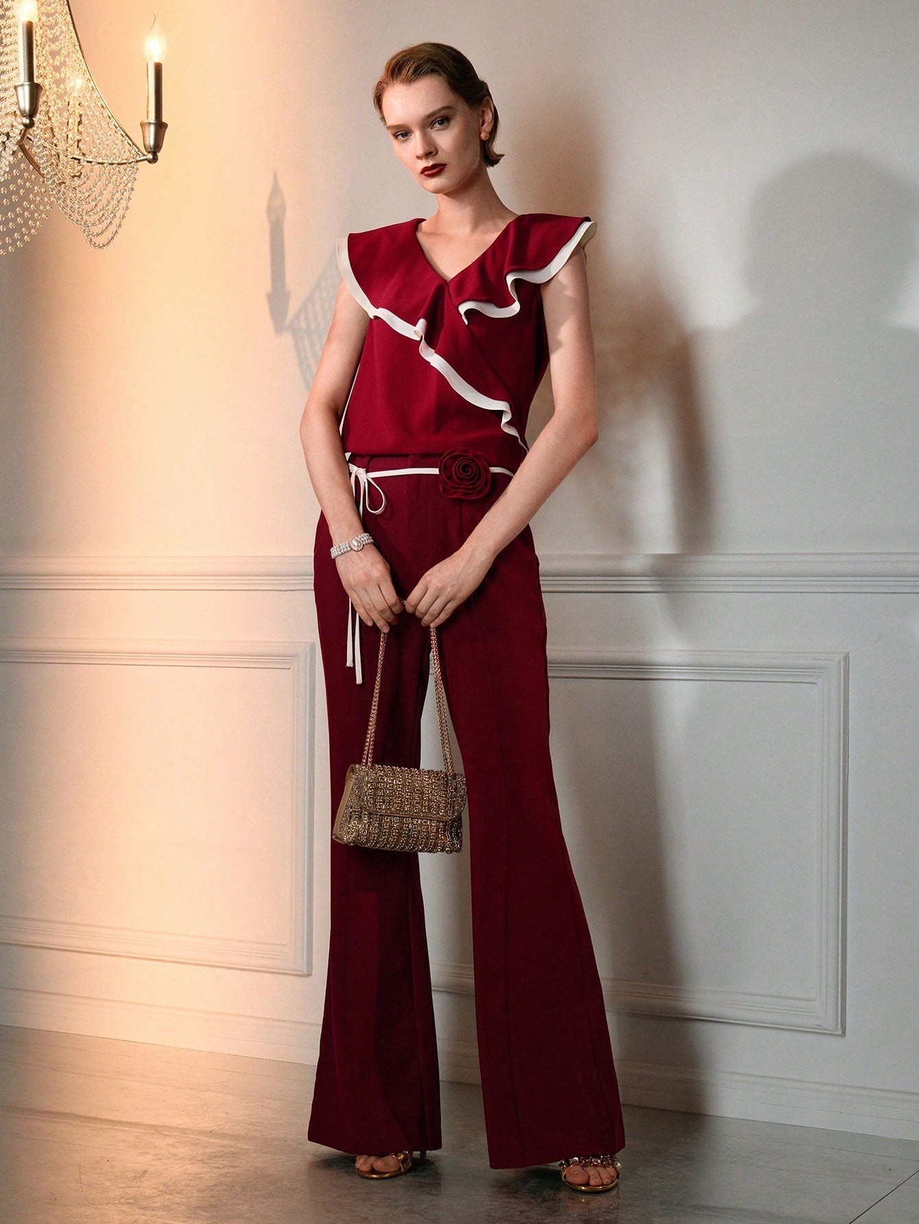 CM-TS679943 Women Elegant Seoul Style V-Neck Flounce Sleeve Contrast Trim Ruffle Blouse - Red