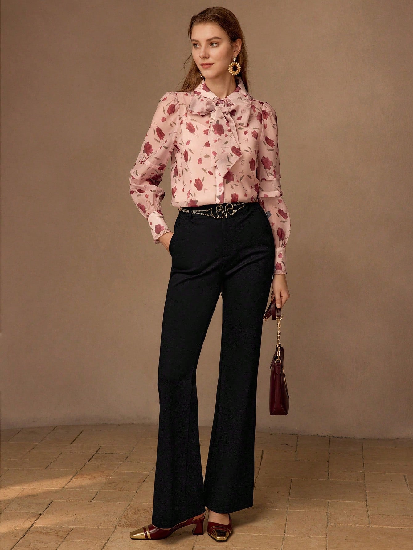 CM-TS244311 Women Elegant Seoul Style Floral All Over Print Tie Front Collar Neckline Long Sleeve Blouse