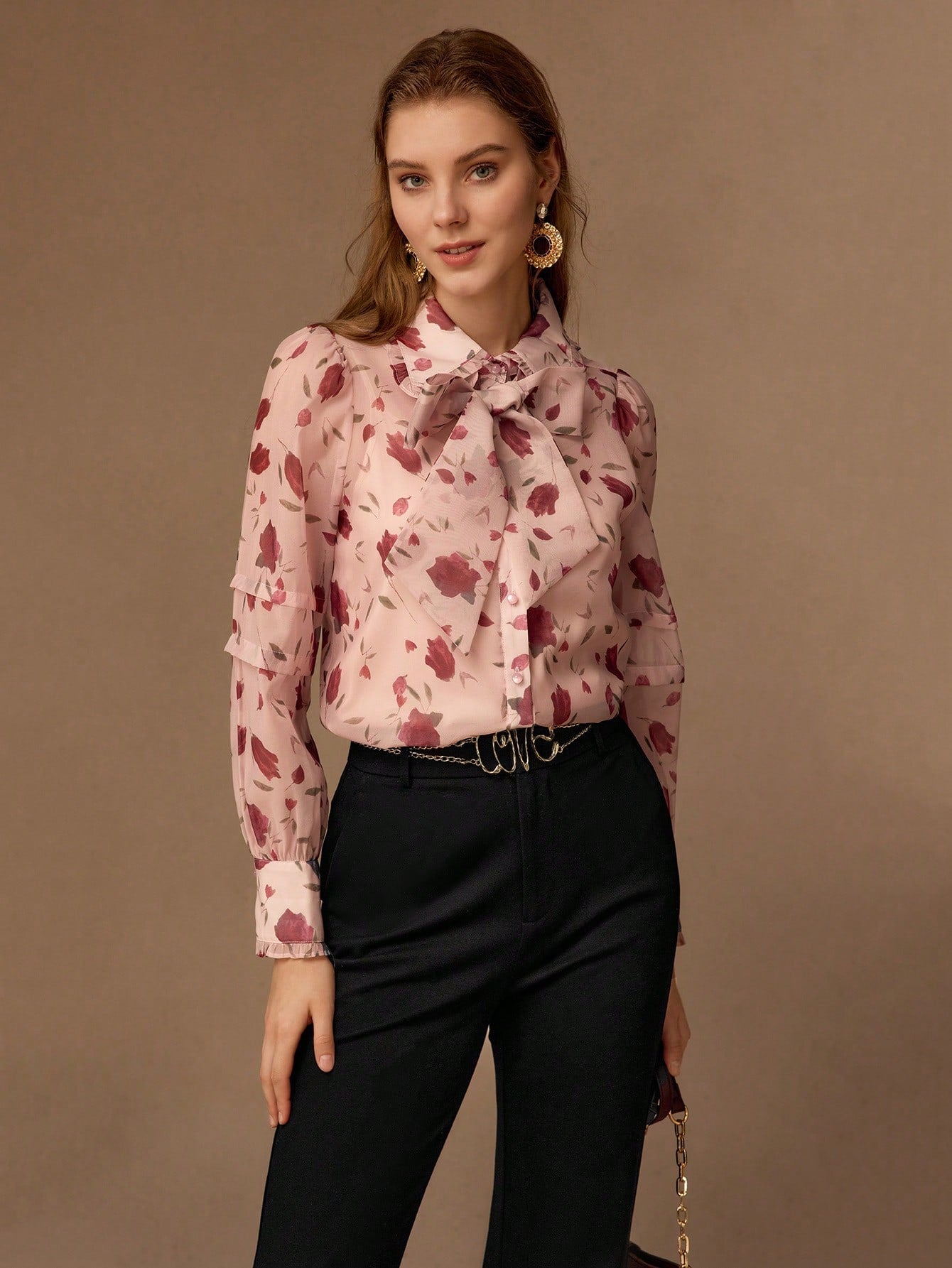 CM-TS244311 Women Elegant Seoul Style Floral All Over Print Tie Front Collar Neckline Long Sleeve Blouse