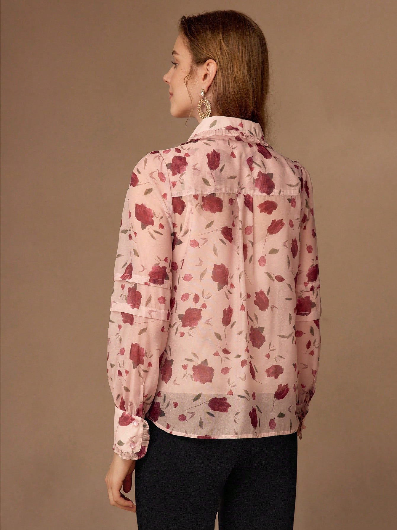 CM-TS244311 Women Elegant Seoul Style Floral All Over Print Tie Front Collar Neckline Long Sleeve Blouse