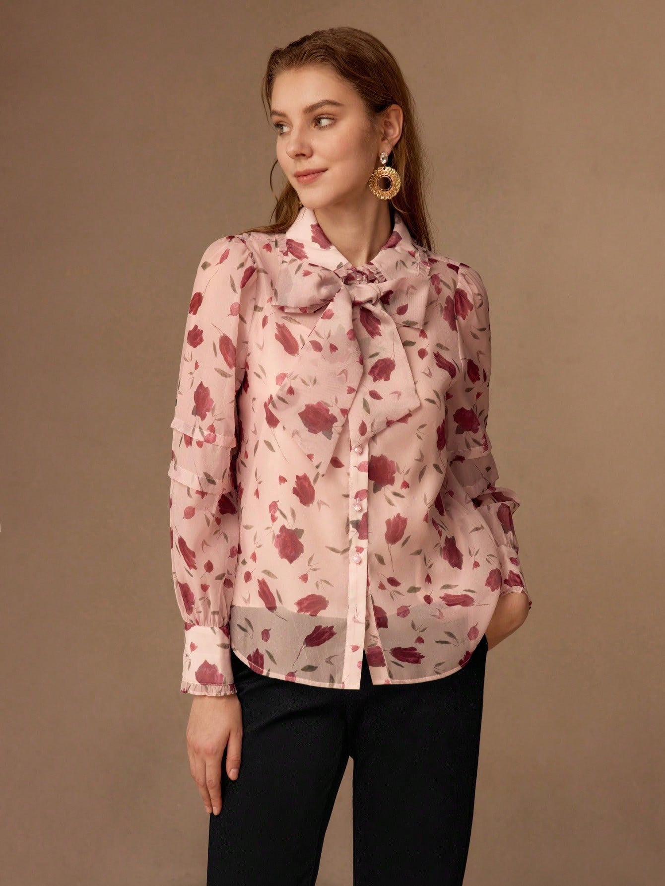 CM-TS244311 Women Elegant Seoul Style Floral All Over Print Tie Front Collar Neckline Long Sleeve Blouse