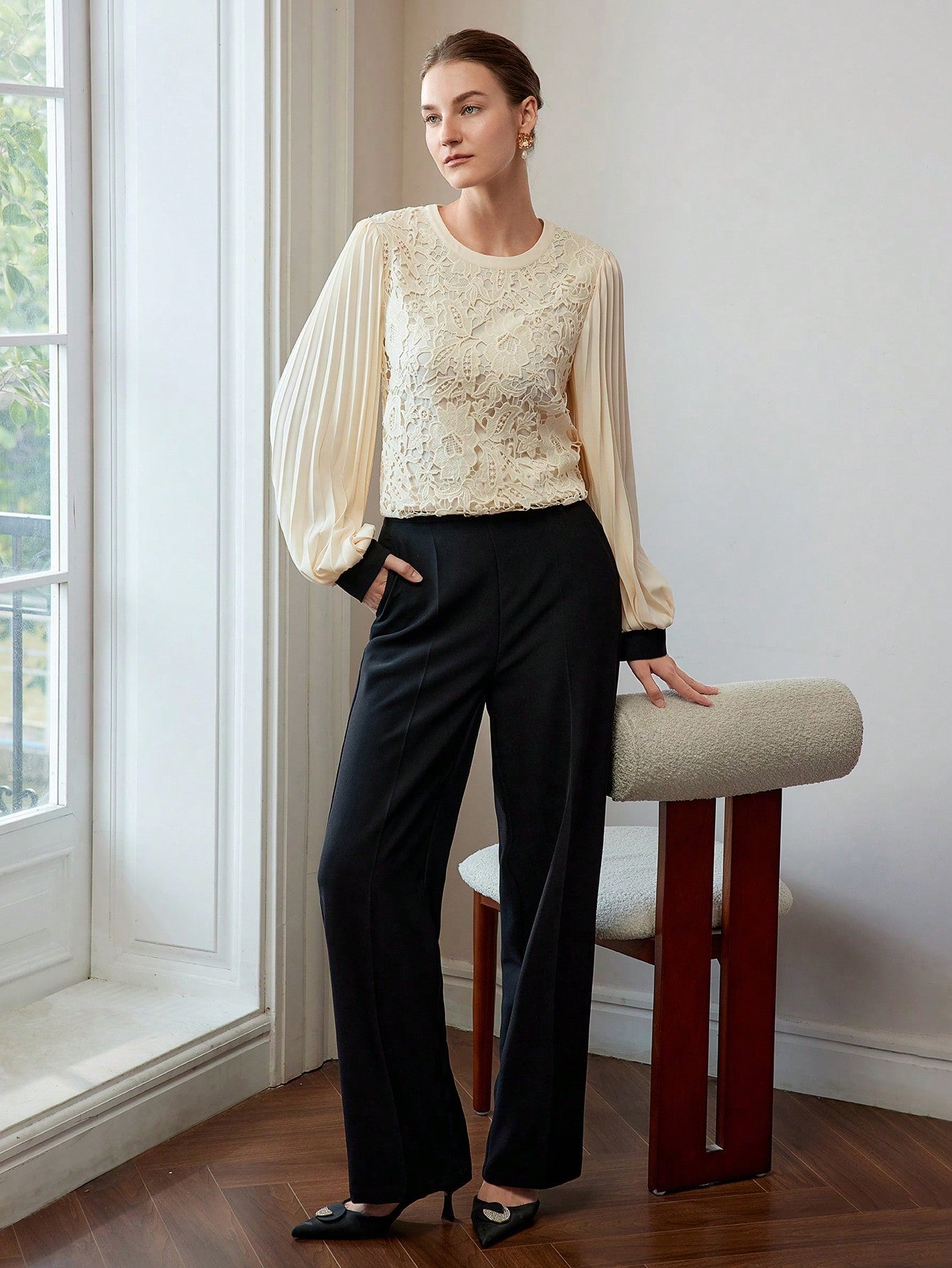 CM-TS555955 Women Elegant Seoul Style Round Neck Lantern Sleeve Guipure Lace Pleated Blouse - Apricot