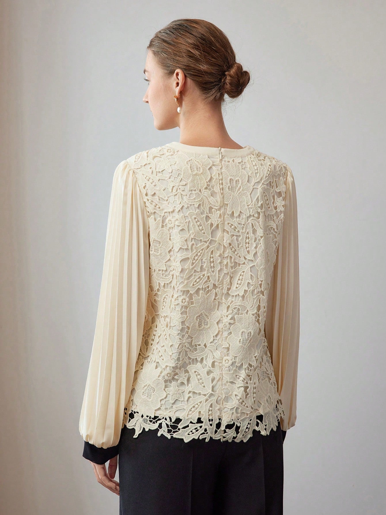 CM-TS555955 Women Elegant Seoul Style Round Neck Lantern Sleeve Guipure Lace Pleated Blouse - Apricot