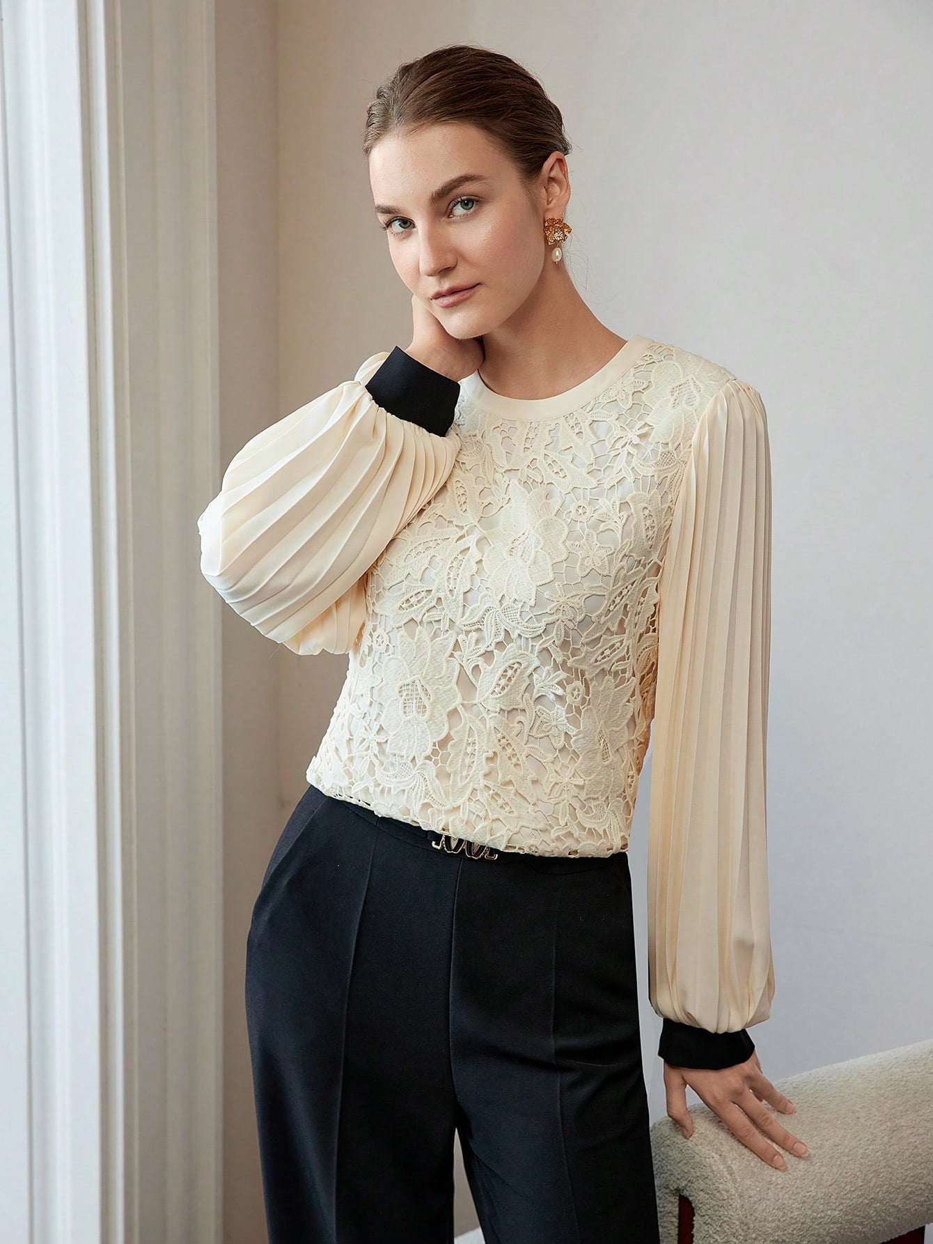 CM-TS555955 Women Elegant Seoul Style Round Neck Lantern Sleeve Guipure Lace Pleated Blouse - Apricot