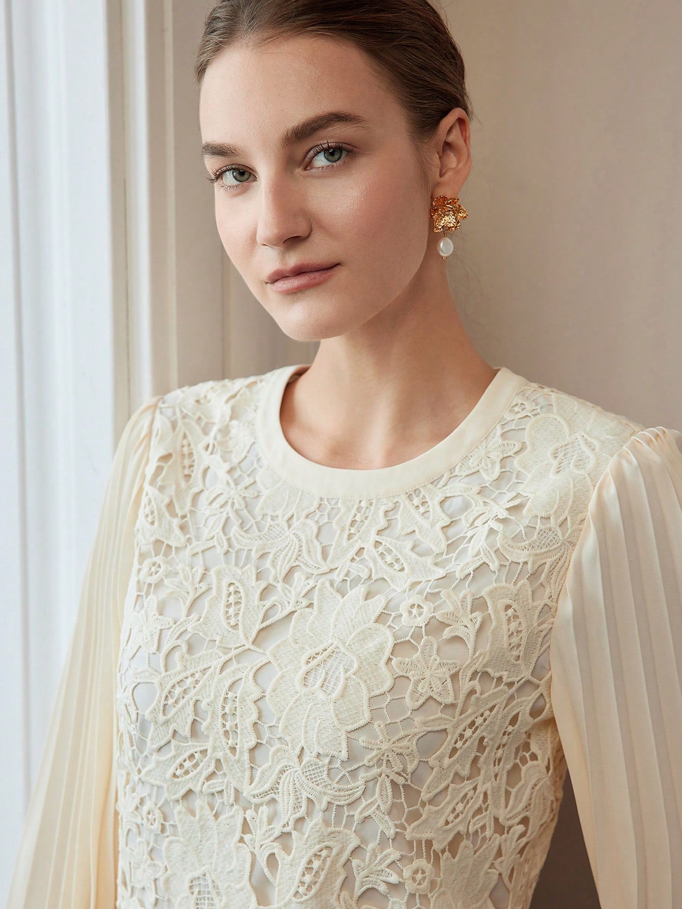 CM-TS555955 Women Elegant Seoul Style Round Neck Lantern Sleeve Guipure Lace Pleated Blouse - Apricot