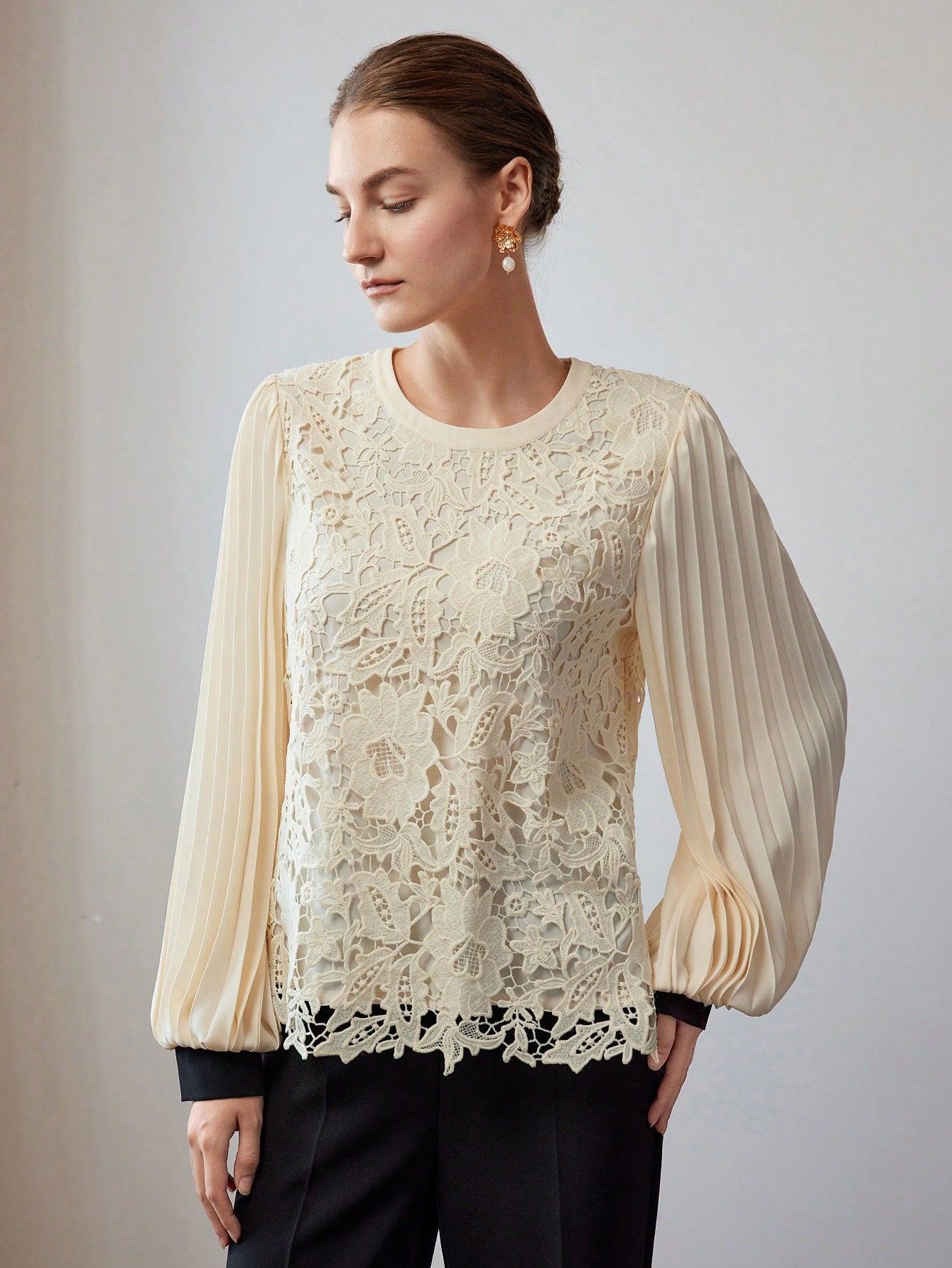 CM-TS555955 Women Elegant Seoul Style Round Neck Lantern Sleeve Guipure Lace Pleated Blouse - Apricot
