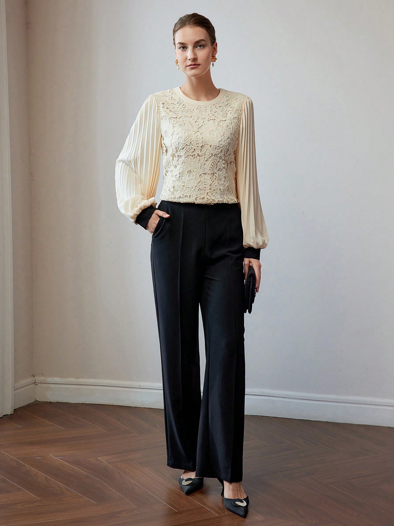 CM-TS555955 Women Elegant Seoul Style Round Neck Lantern Sleeve Guipure Lace Pleated Blouse - Apricot