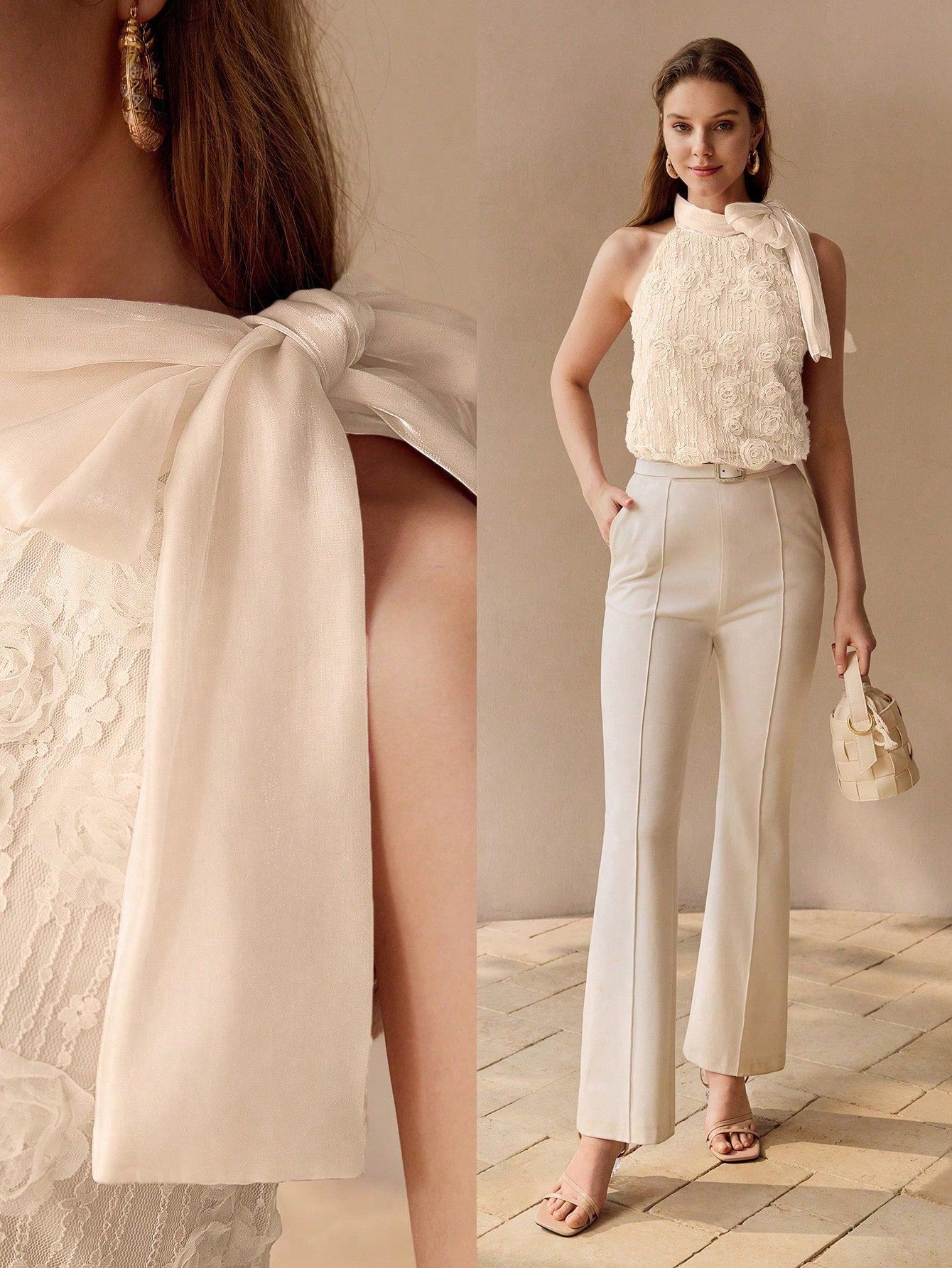 CM-TS572802 Women Elegant Seoul Style Floral Appliqued Halter Tie Neck Sleeveless Tank Top - Apricot