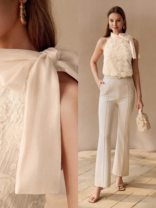 CM-TS572802 Women Elegant Seoul Style Floral Appliqued Halter Tie Neck Sleeveless Tank Top - Apricot