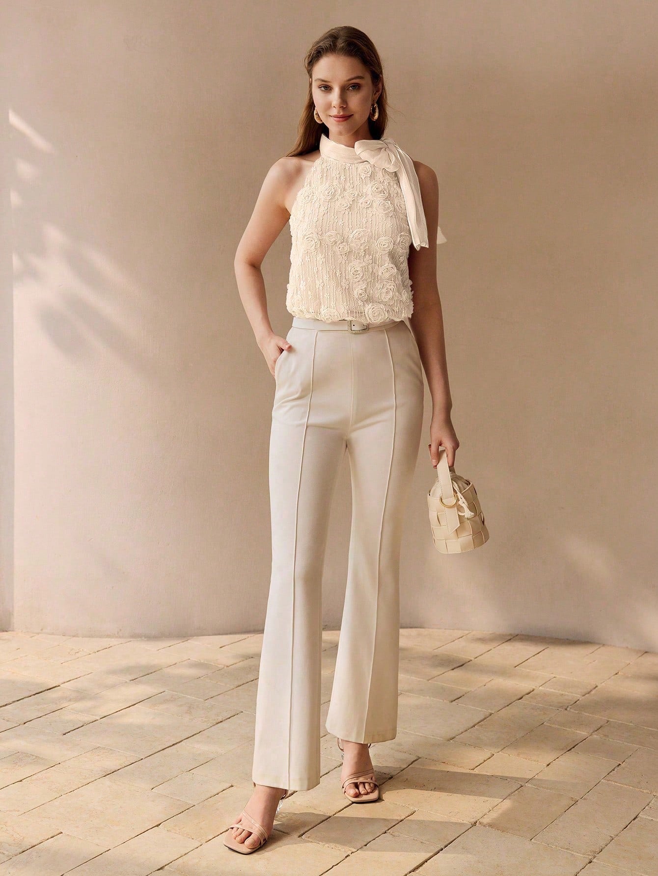 CM-TS572802 Women Elegant Seoul Style Floral Appliqued Halter Tie Neck Sleeveless Tank Top - Apricot