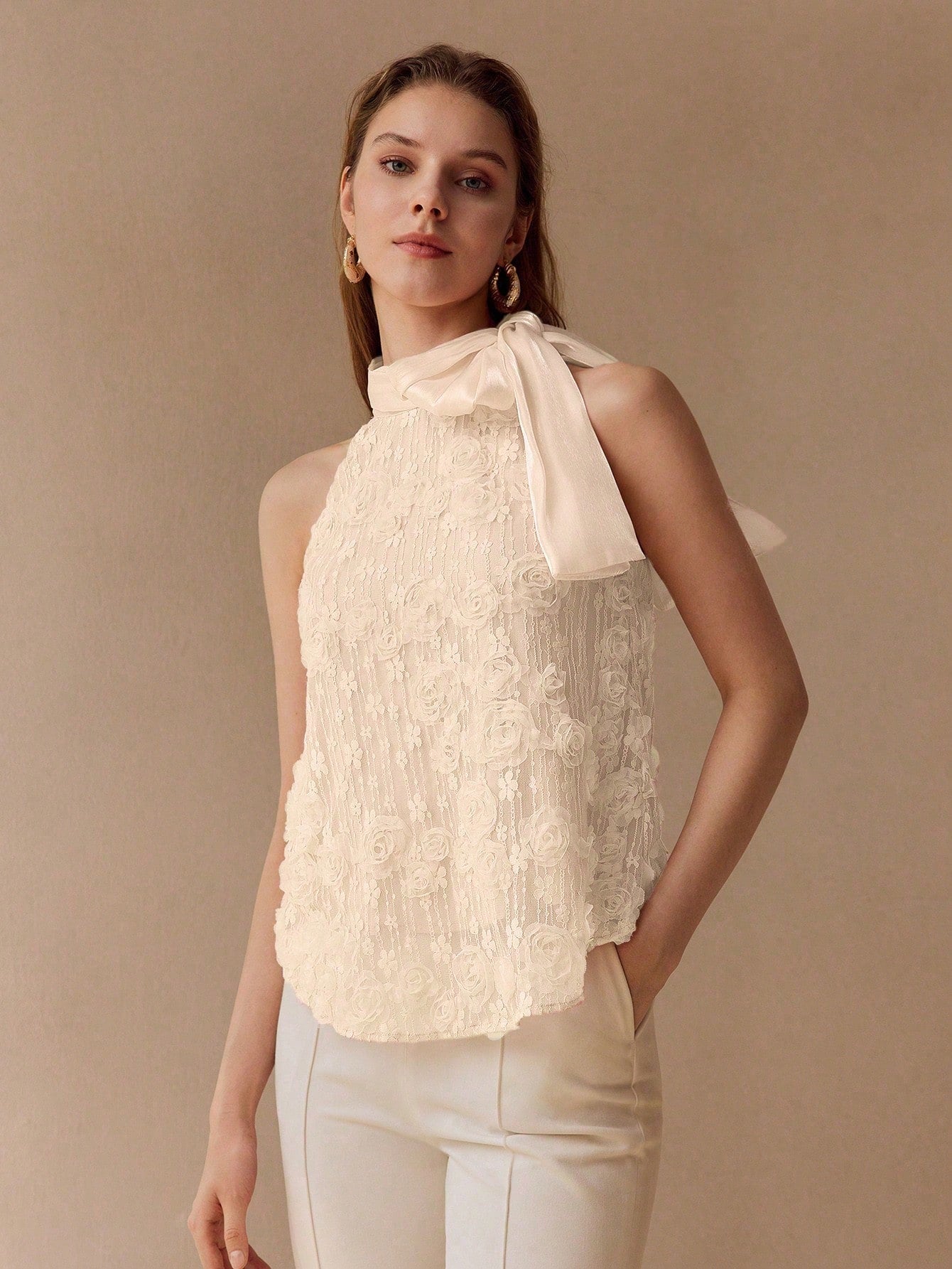 CM-TS572802 Women Elegant Seoul Style Floral Appliqued Halter Tie Neck Sleeveless Tank Top - Apricot