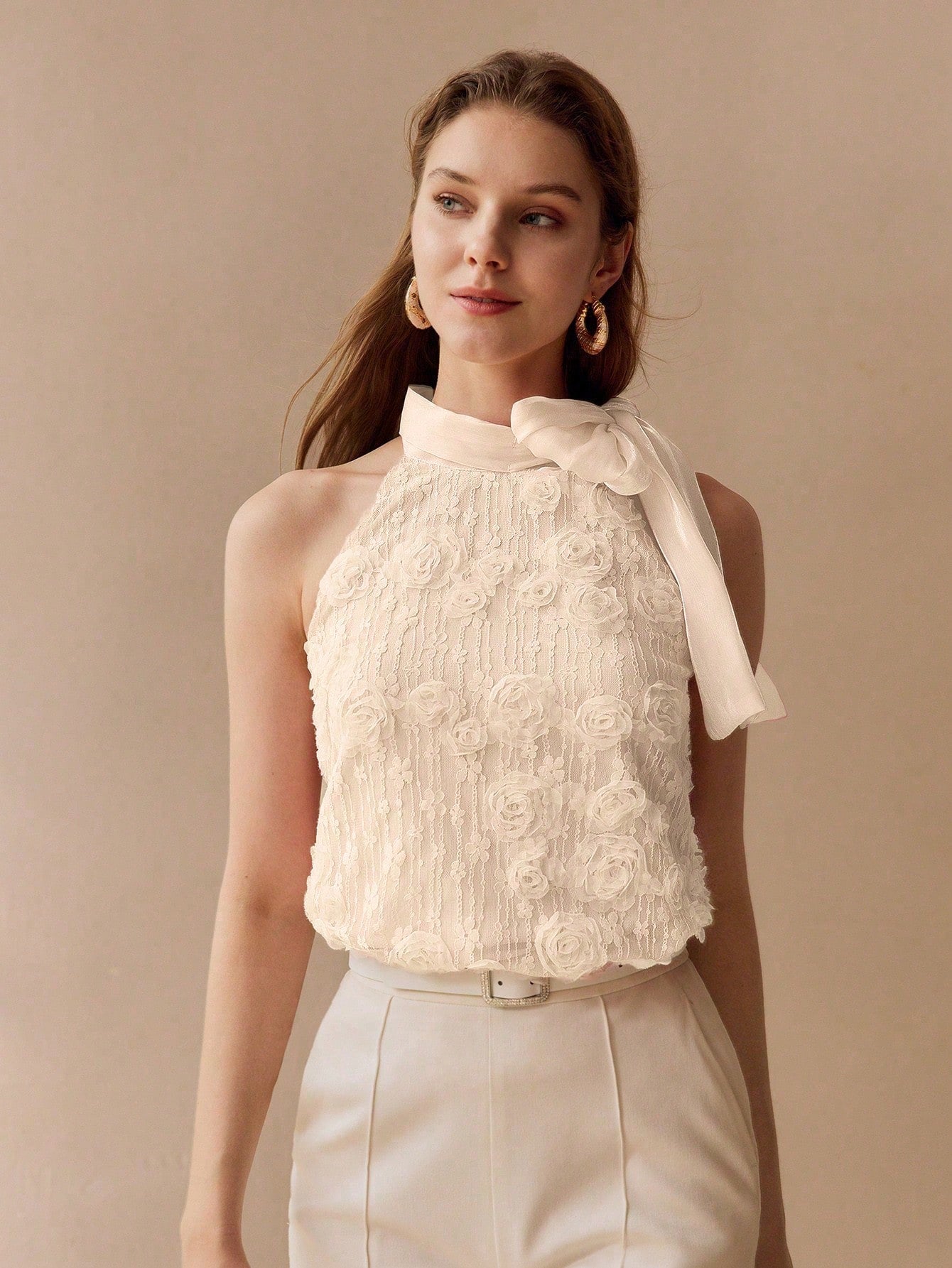 CM-TS572802 Women Elegant Seoul Style Floral Appliqued Halter Tie Neck Sleeveless Tank Top - Apricot