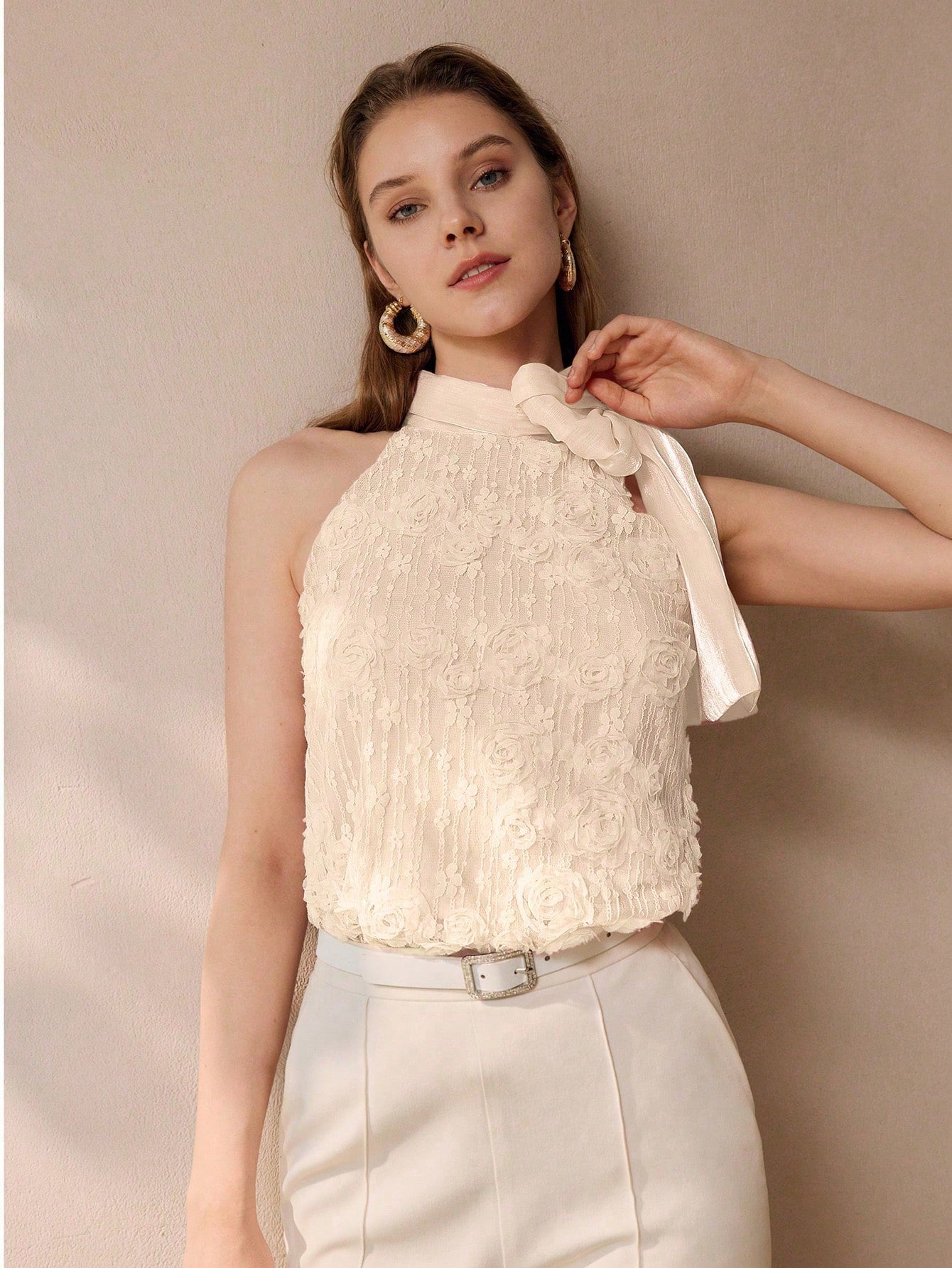 CM-TS572802 Women Elegant Seoul Style Floral Appliqued Halter Tie Neck Sleeveless Tank Top - Apricot