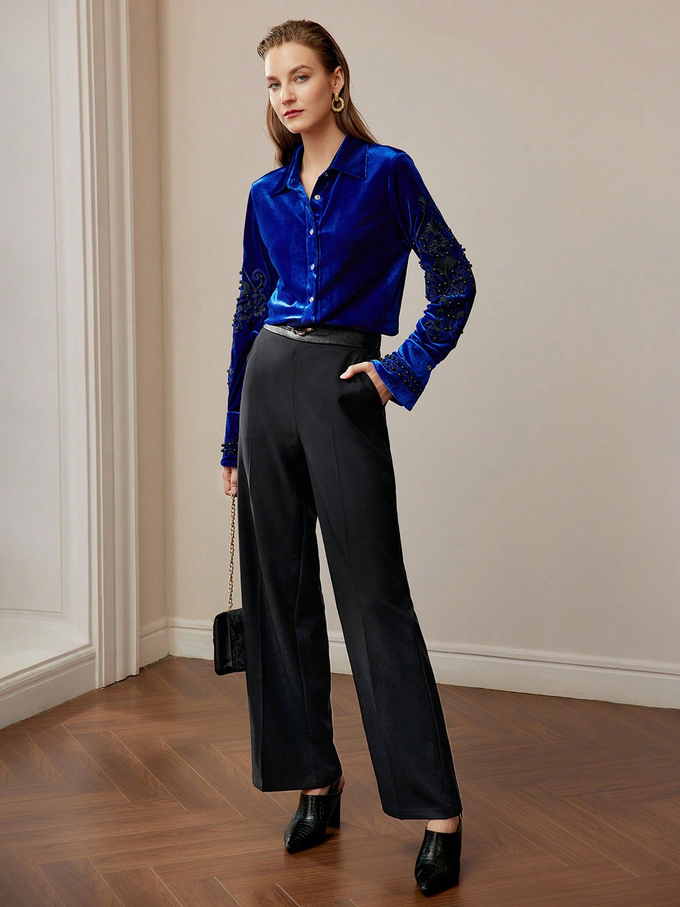 CM-BS763339 Women Elegant Seoul Style Buckle Waist Seam Front Straight Leg Pants - Black