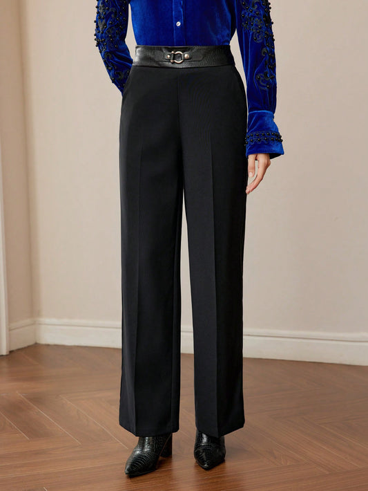 CM-BS763339 Women Elegant Seoul Style Buckle Waist Seam Front Straight Leg Pants - Black