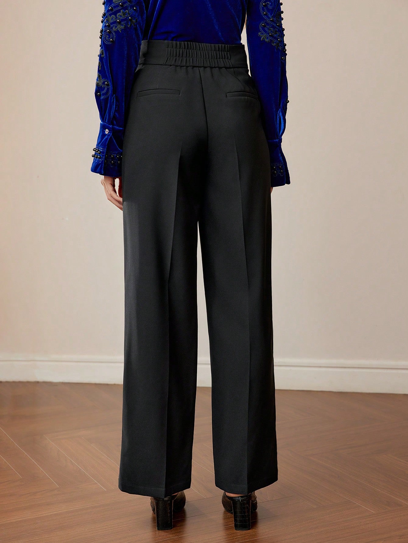 CM-BS763339 Women Elegant Seoul Style Buckle Waist Seam Front Straight Leg Pants - Black