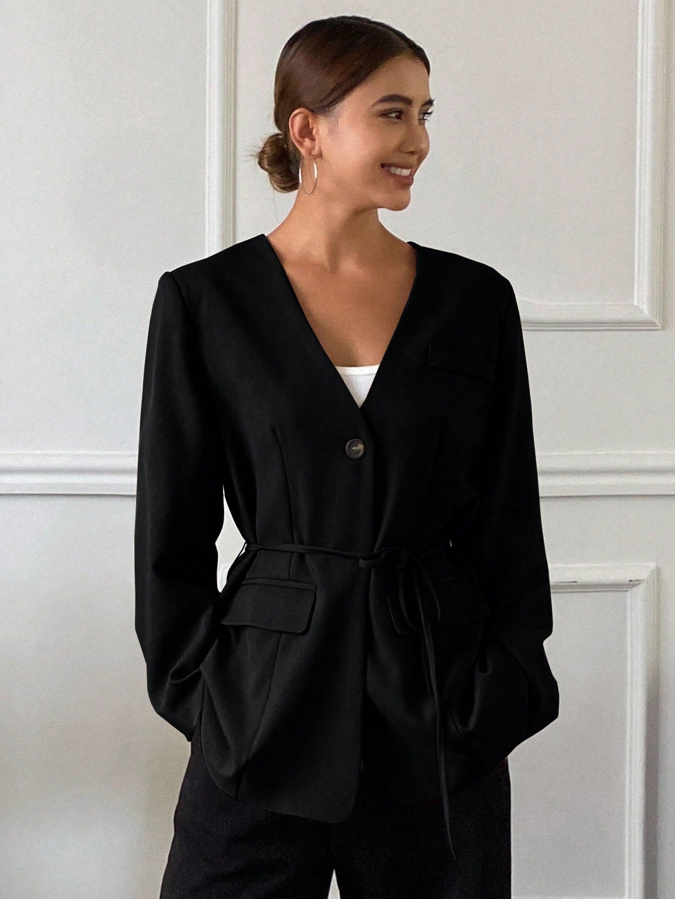 CM-CS661233 Women Casual Seoul Style Lapel Neckline Long Sleeve Loose Pocket Belted Blazer - Black