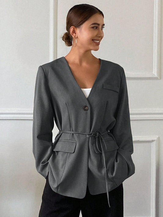 CM-CS620201 Women Casual Seoul Style Lapel Neckline Long Sleeve Loose Pocket Belted Blazer - Gray