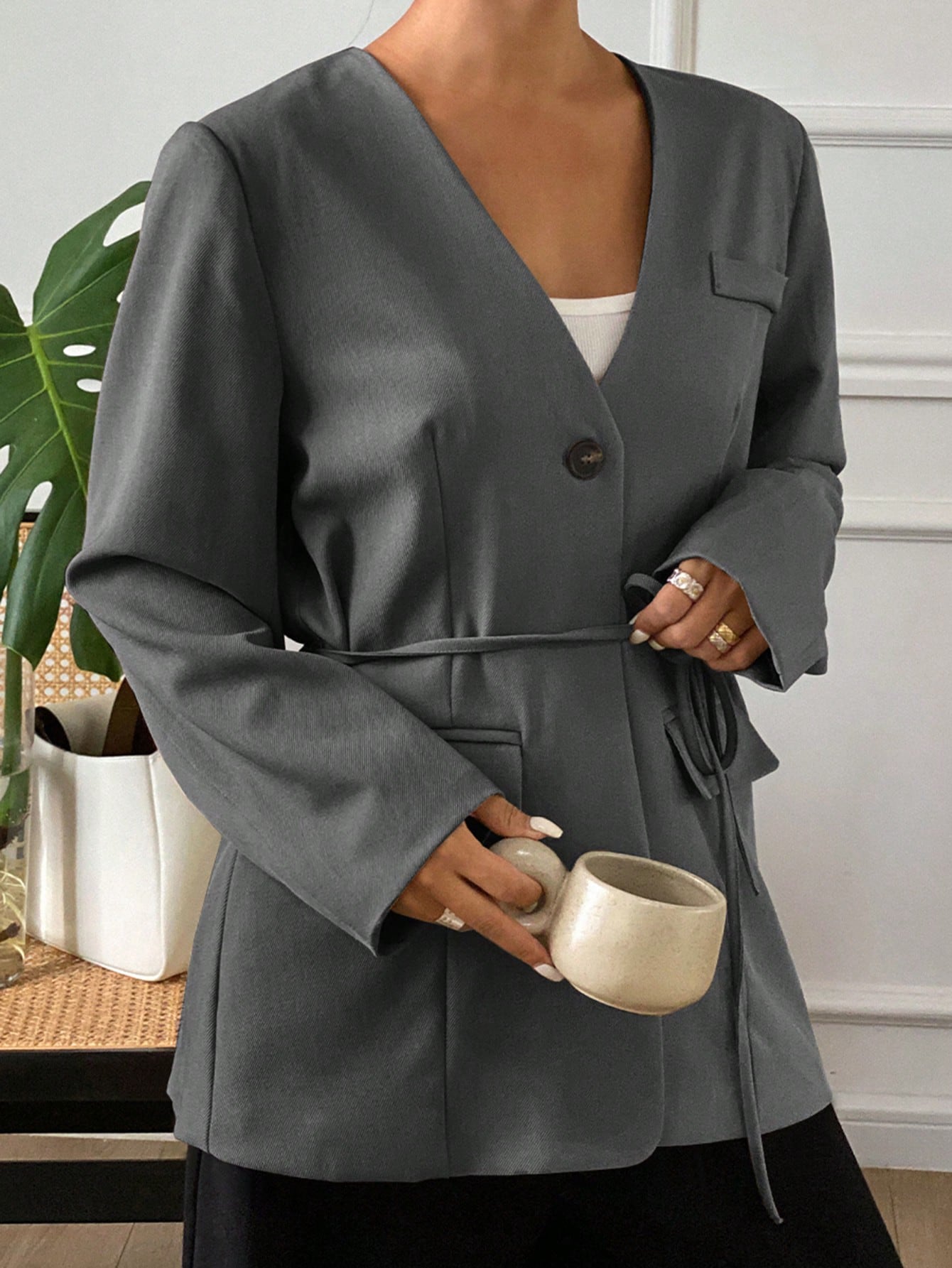 CM-CS620201 Women Casual Seoul Style Lapel Neckline Long Sleeve Loose Pocket Belted Blazer - Gray