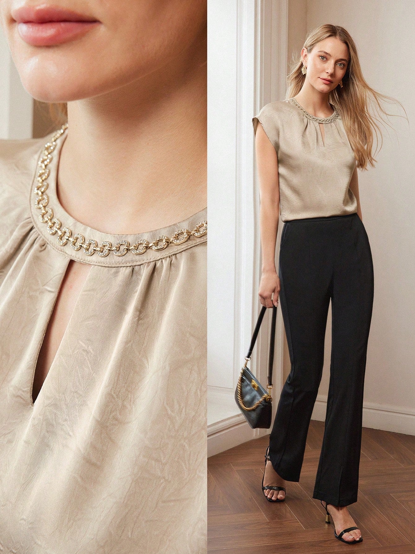 CM-TS423216 Women Elegant Seoul Style Rhinestone Chain Detail Keyhole Neckline Batwing Sleeve Blouse - Coffee Brown