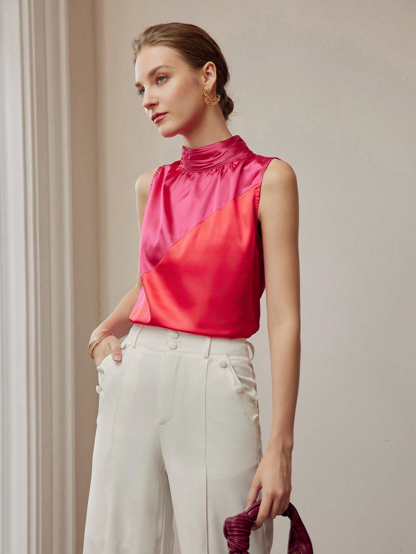 CM-TS297940 Women Elegant Seoul Style Two Tone Ruched Cowl Neckline Sleeveless Blouse - Burgundy