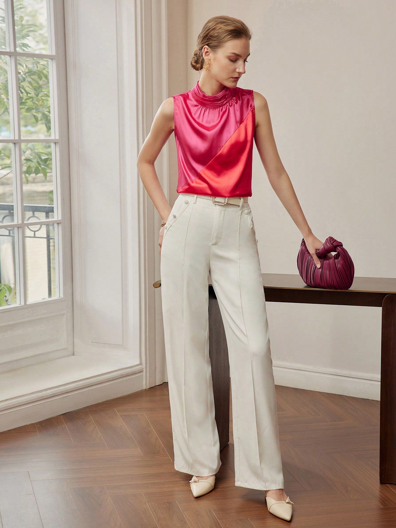 CM-TS297940 Women Elegant Seoul Style Two Tone Ruched Cowl Neckline Sleeveless Blouse - Burgundy