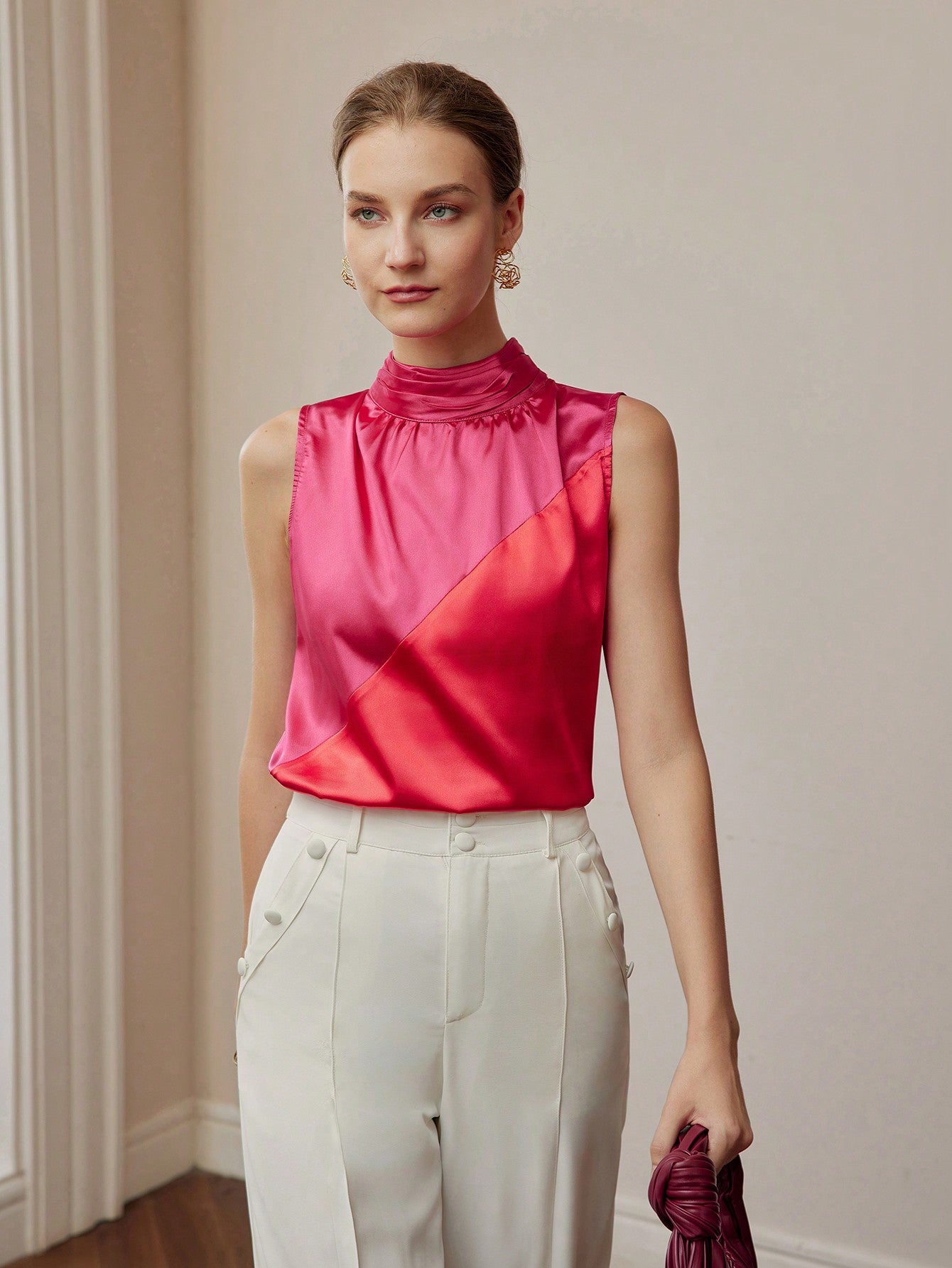 CM-TS297940 Women Elegant Seoul Style Two Tone Ruched Cowl Neckline Sleeveless Blouse - Burgundy