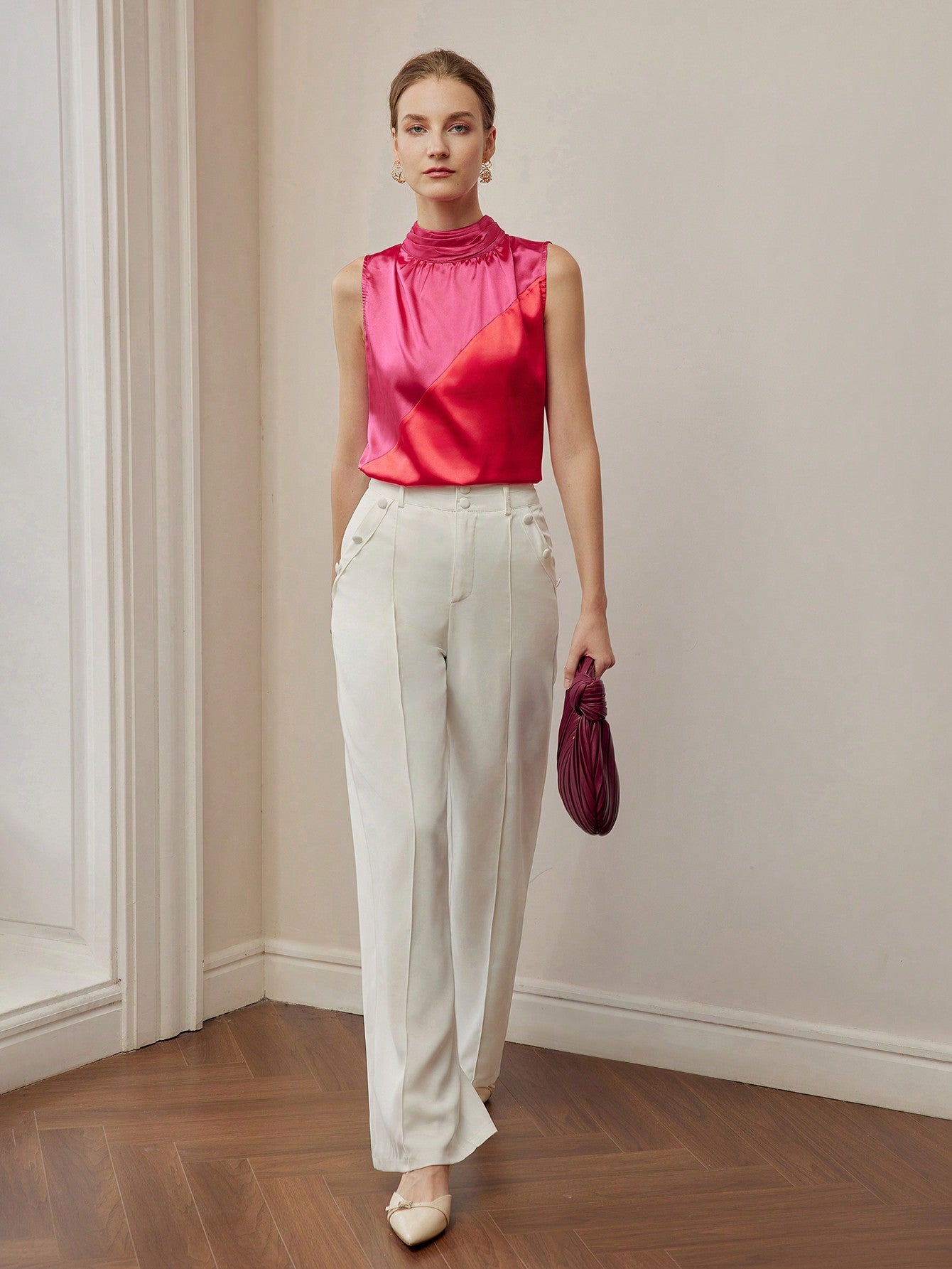 CM-TS297940 Women Elegant Seoul Style Two Tone Ruched Cowl Neckline Sleeveless Blouse - Burgundy