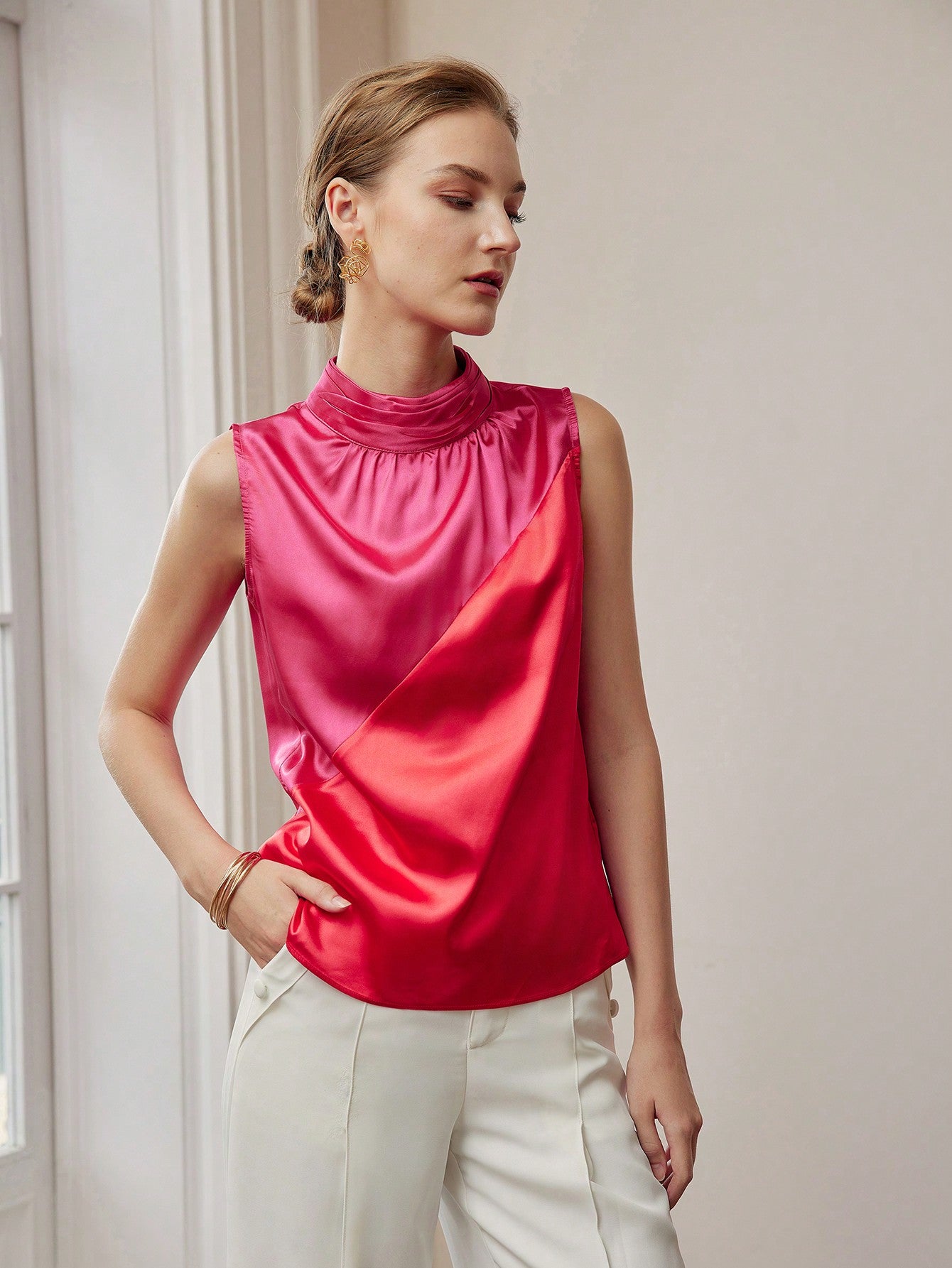 CM-TS297940 Women Elegant Seoul Style Two Tone Ruched Cowl Neckline Sleeveless Blouse - Burgundy
